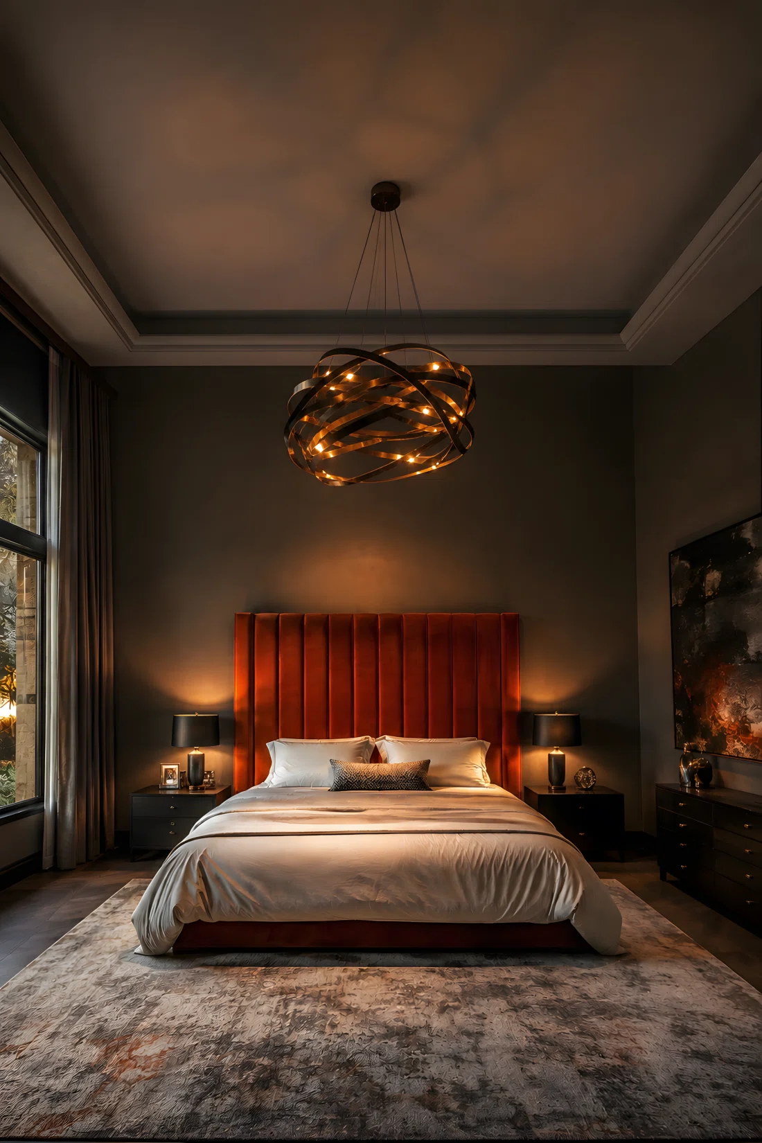 A wide-angle photograph of a modern bedroom, an oversized sculptural chandelier with twisting bronze arms hanging low and centered directly above the bed, warm light spilling downward in a soft cone onto crisp white bedding while the surrounding walls stay dim and shadowed, vibrant burnt-orange velvet headboard, dramatic wide camera angle emphasizing ceiling height and light falloff, photographic stock-image realism.
