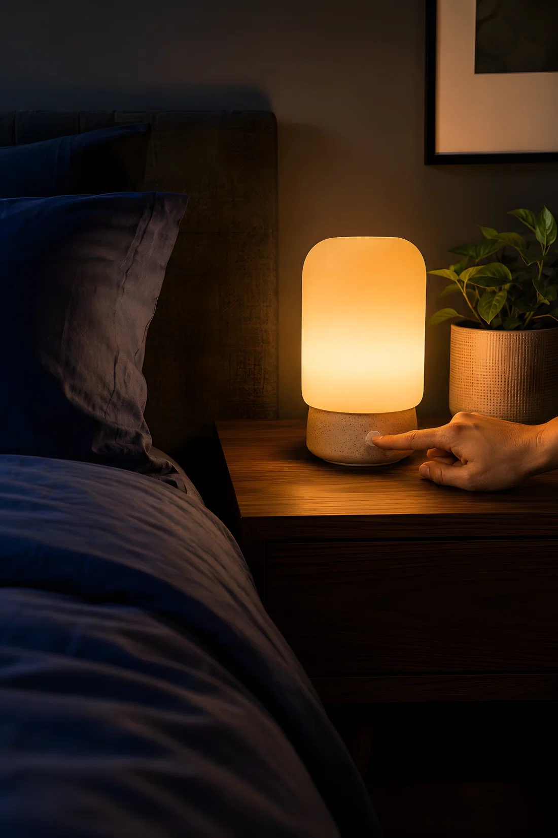 A wide-angle photograph of a bedroom nightstand at night, a ceramic touch-control lamp glowing warm amber, a hand mid-tap on its base, soft pool of light spreading across the nightstand surface and fading gently into the darker room beyond, vibrant navy blue bedding catching a hint of the lamp's glow, dramatic angle shot low from bed level, photographic stock-image realism.