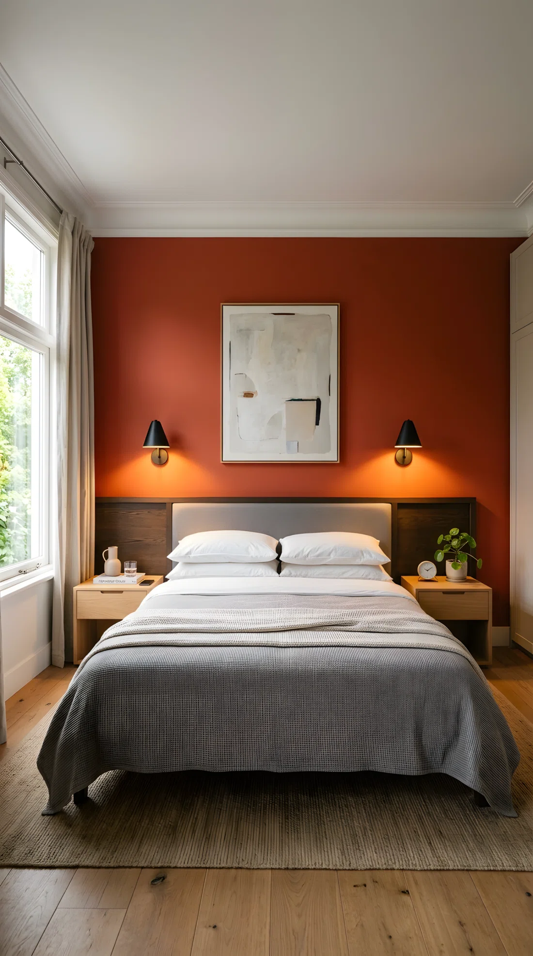 A wide-angle photograph of a modern bedroom, two matte black wall sconces mounted symmetrically on either side of a bed at head height, warm amber light spilling downward onto the pillows in two soft cones while the nightstands remain clear and organized, vibrant clay-red accent wall between the sconces, dramatic wide camera angle showing the full symmetry of the headboard wall, bright natural light entering from the side, photographic stock-image realism.