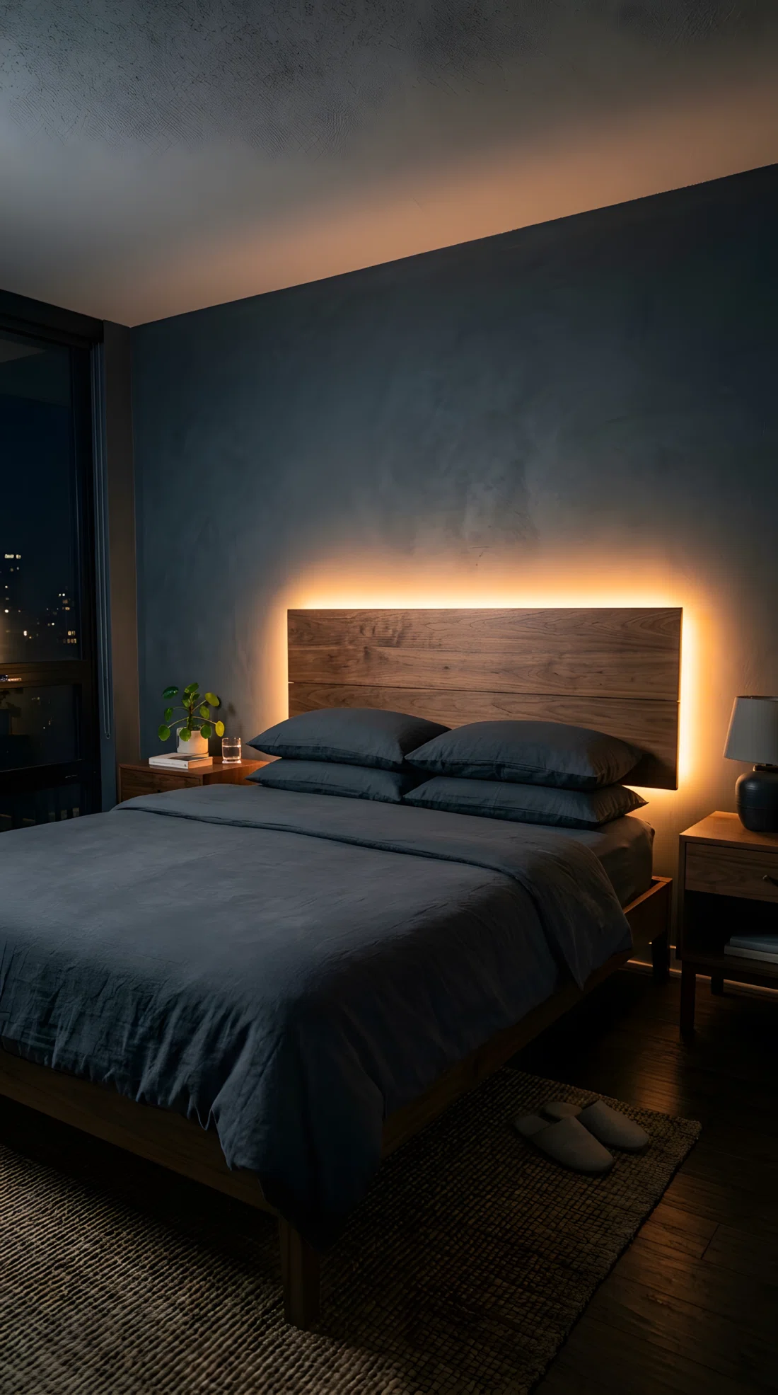 A wide-angle photograph of a bedroom at night, warm amber LED strip lighting (RGB 255,180,107) hidden behind a floating wood headboard casting a soft glowing halo outward onto the wall, the rest of the room dim and calm, vibrant charcoal grey bedding contrasting with the warm glow, dramatic low wide camera angle capturing the full headboard silhouette, photographic stock-image realism, neatly made bed.