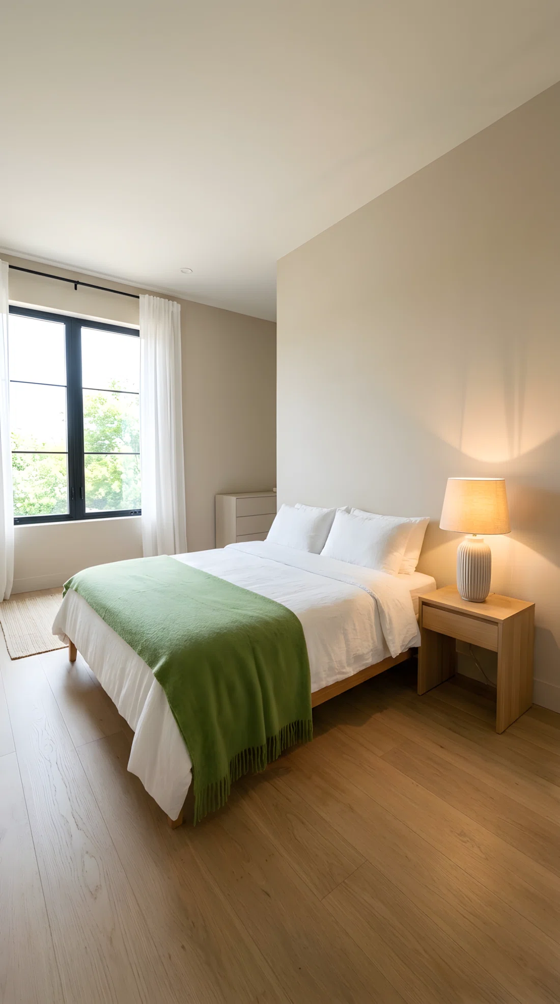 A wide-angle photograph of a minimalist bedroom nightstand, a single fluted ceramic table lamp with warm glowing light as the only decor piece on an otherwise clean surface, soft shadow cast onto a neutral beige wall behind it, vibrant sage green throw blanket adding a pop of color to the bed, bright natural light from a nearby window, dramatic wide camera angle showing the full uncluttered room, photographic stock-image realism.