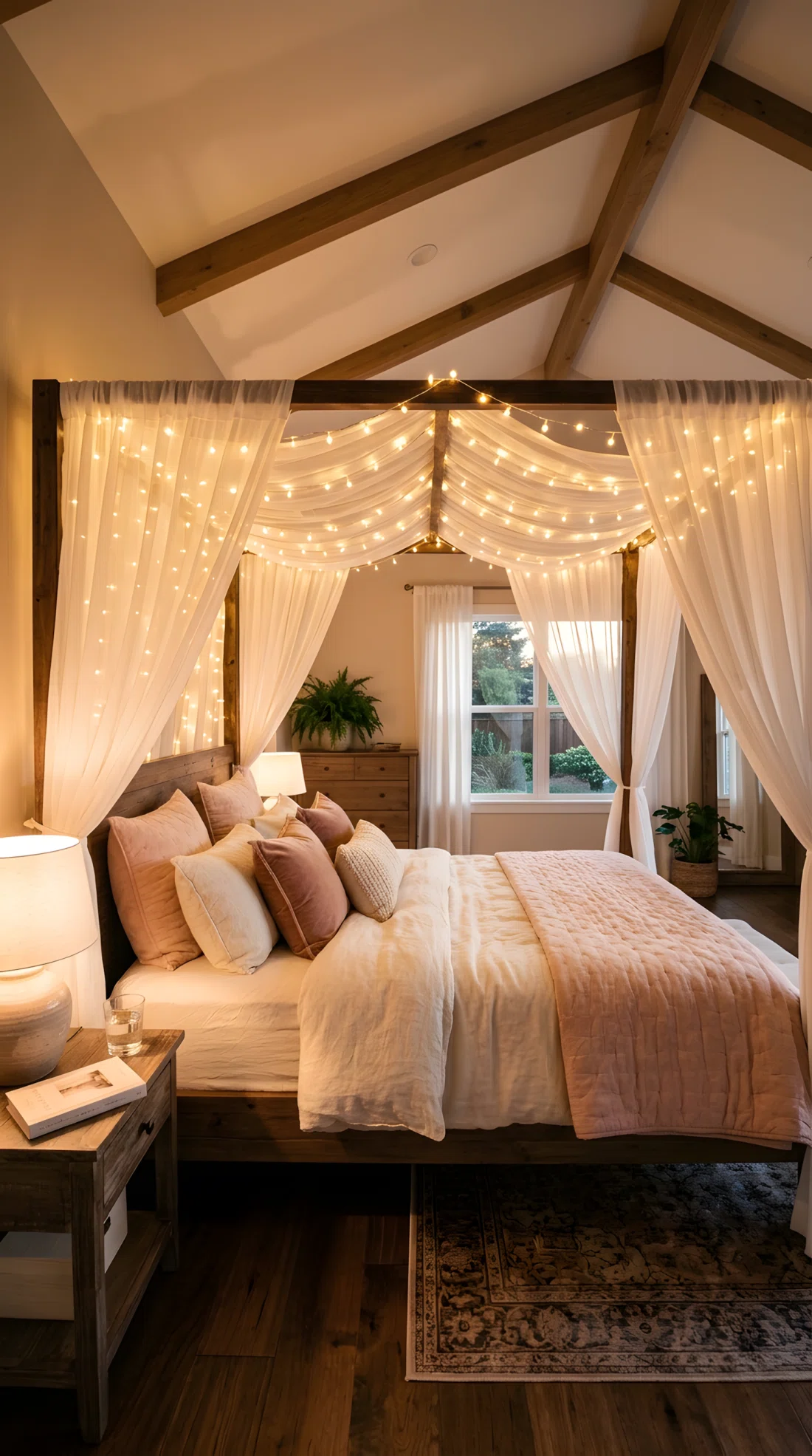 A wide-angle photograph of a romantic bedroom, warm white string lights loosely draped across a wooden canopy frame above the bed, tiny bulbs glowing softly against sheer white canopy fabric, vibrant blush pink and cream bedding underneath, soft ambient room light with dramatic wide camera angle showing the full canopy structure, photographic stock-image realism, beautifully arranged bedding.