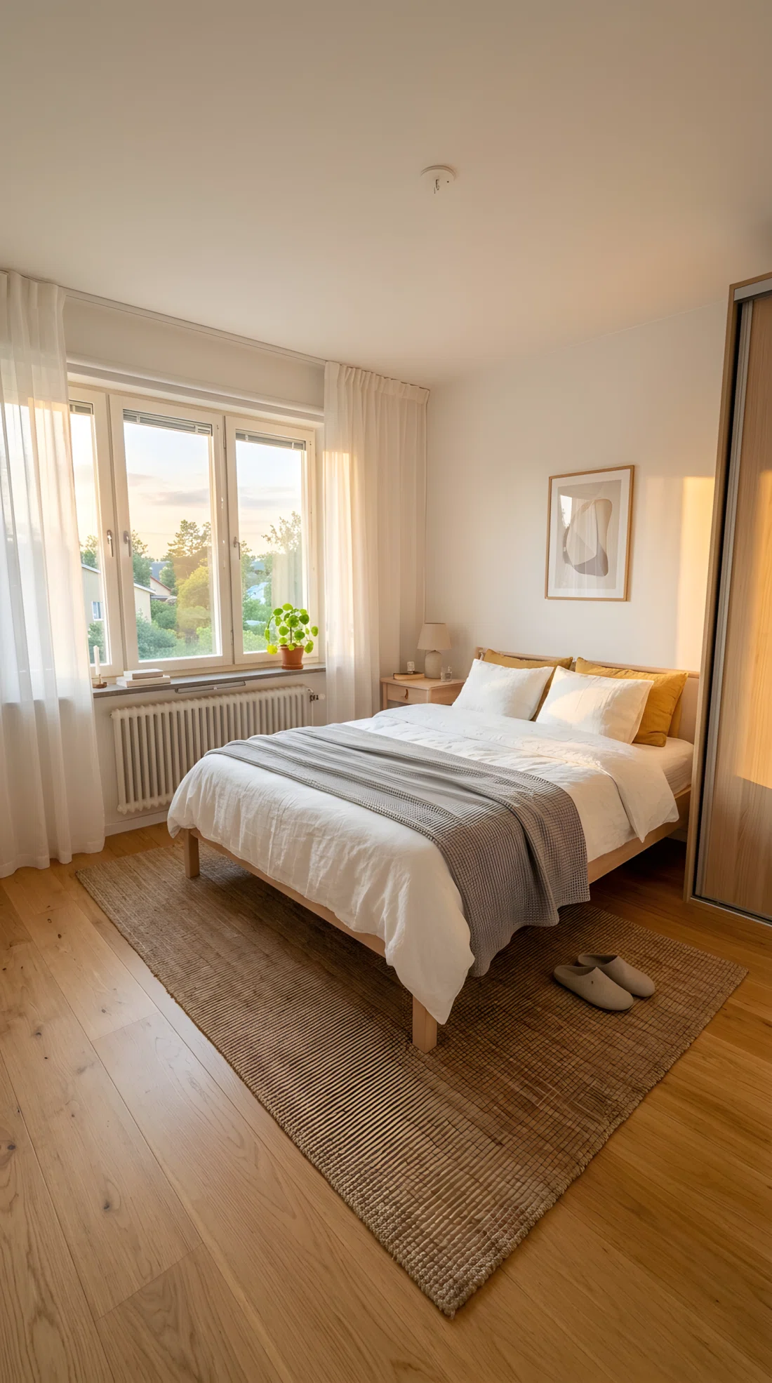 A wide-angle photograph of a bright Scandinavian-style bedroom in early morning, sheer white linen curtains gently diffusing golden sunlight across a neatly made bed and light wood floor, vibrant soft yellow morning light filling the whole room, minimal furniture, dramatic wide camera angle capturing the full window and room depth, photographic stock-image realism, clean and organized space.