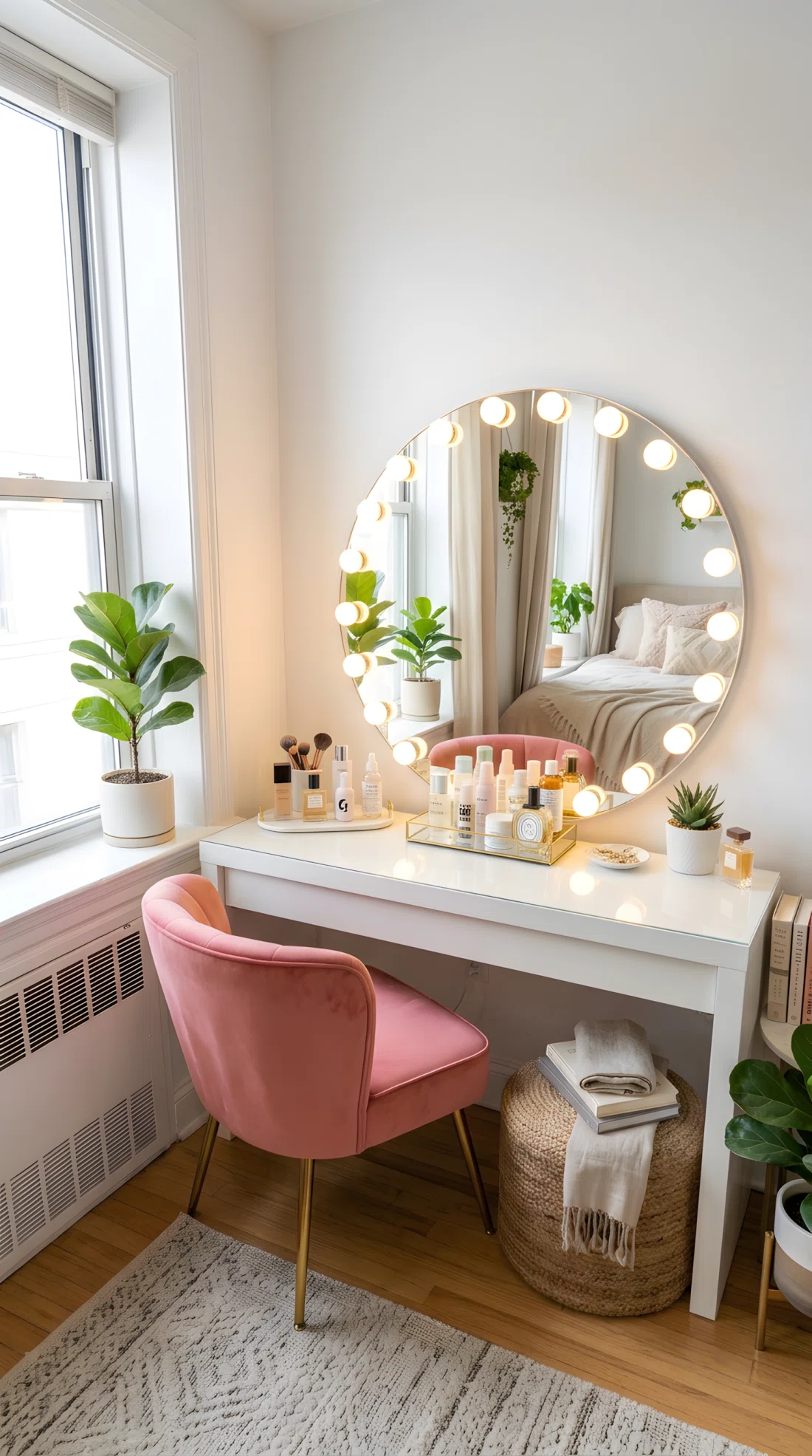 A wide-angle photograph of a bedroom vanity corner, round bulbs framing the edge of a mirror casting even warm light across the surface with no shadows, neatly arranged skincare bottles and a small stool below, vibrant blush pink vanity chair, bright natural light blending with the bulb glow, dramatic wide camera angle showing the full vanity setup, photographic stock-image realism.