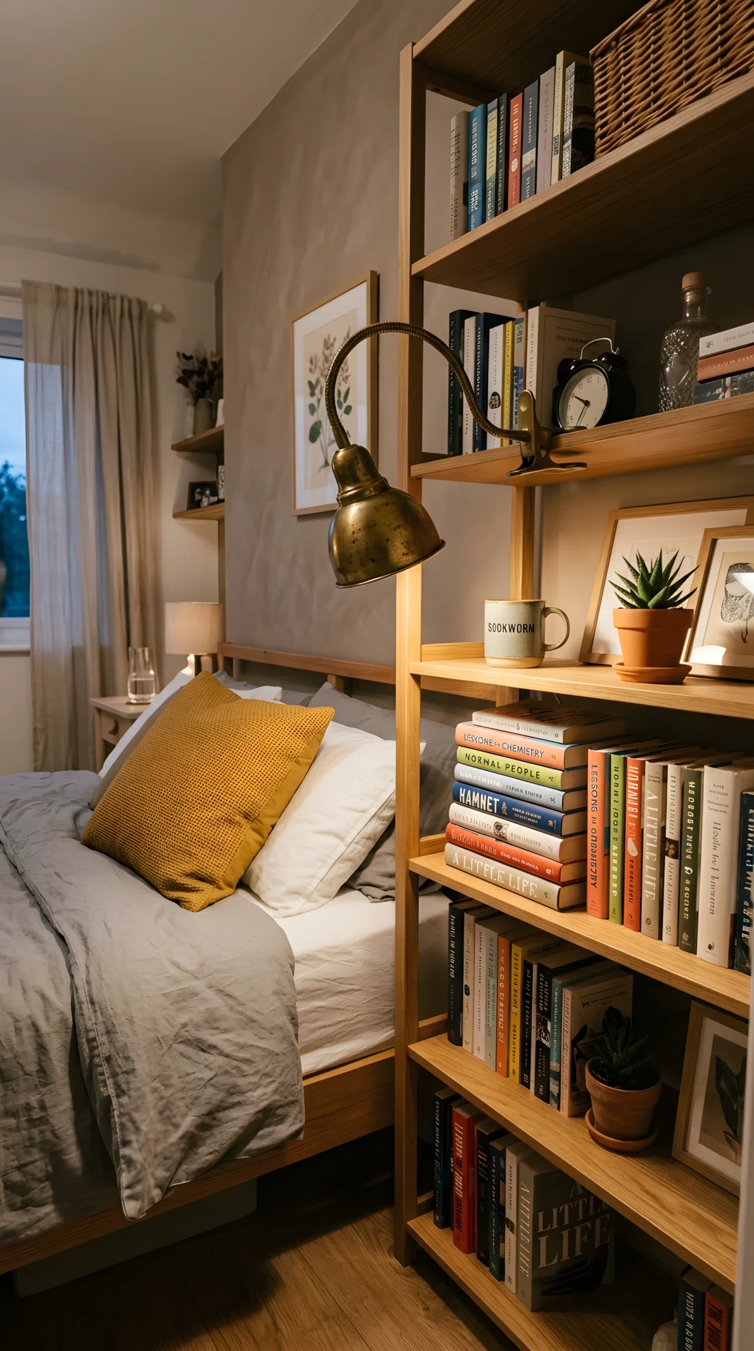 A wide-angle photograph of a bedroom shelf beside the bed, a vintage brass gooseneck clip lamp bent downward casting warm focused light onto a stack of books, surrounding shelf items neatly arranged, vibrant mustard yellow throw pillow on the bed below, soft ambient room light in the background, dramatic wide camera angle showing the full shelf and bed context, photographic stock-image realism.