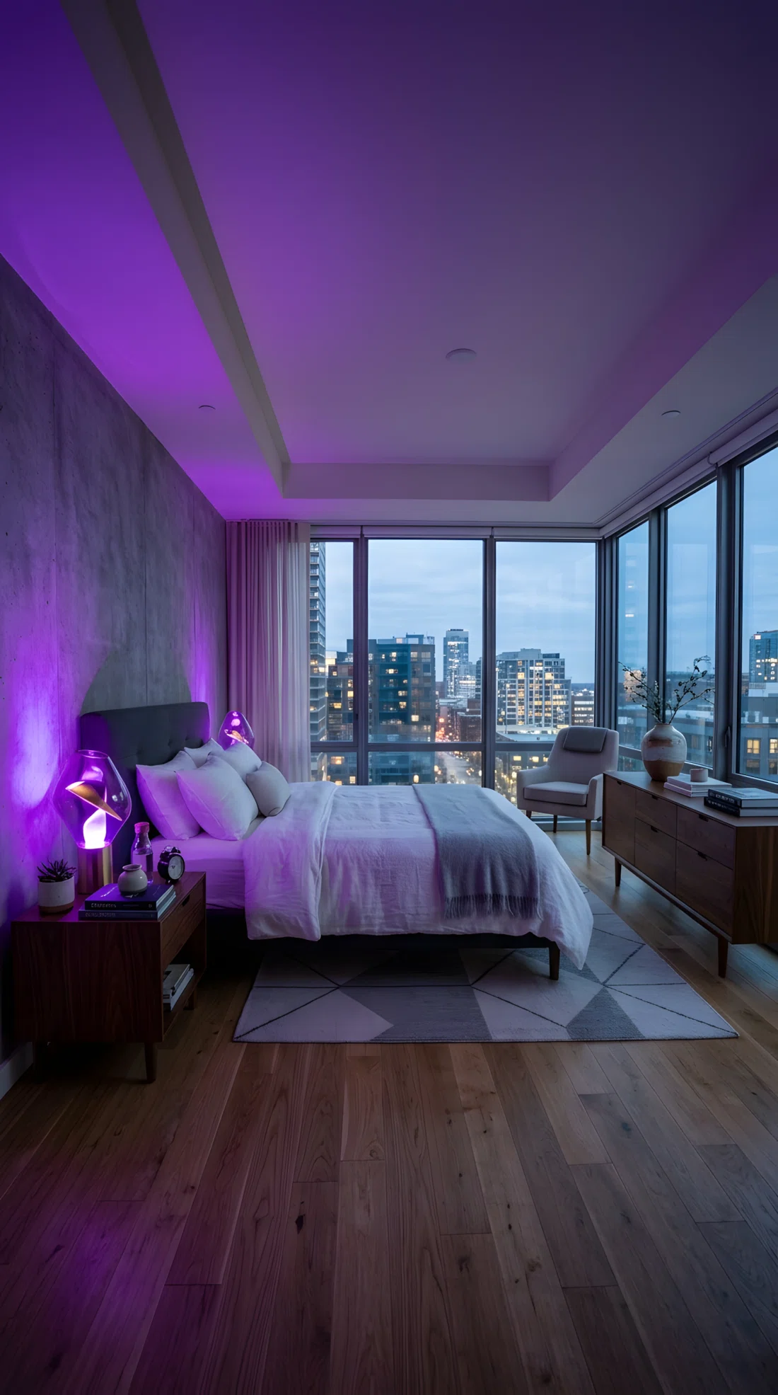 A wide-angle photograph of a modern bedroom, a sculptural smart lamp on a nightstand glowing deep violet (RGB 138,92,246), casting colored ambient light across the nearby wall while the rest of the room stays neutral, vibrant contrast between the lamp glow and crisp white bedding, dramatic wide camera angle showing the full room atmosphere, photographic stock-image realism, beautifully arranged nightstand.