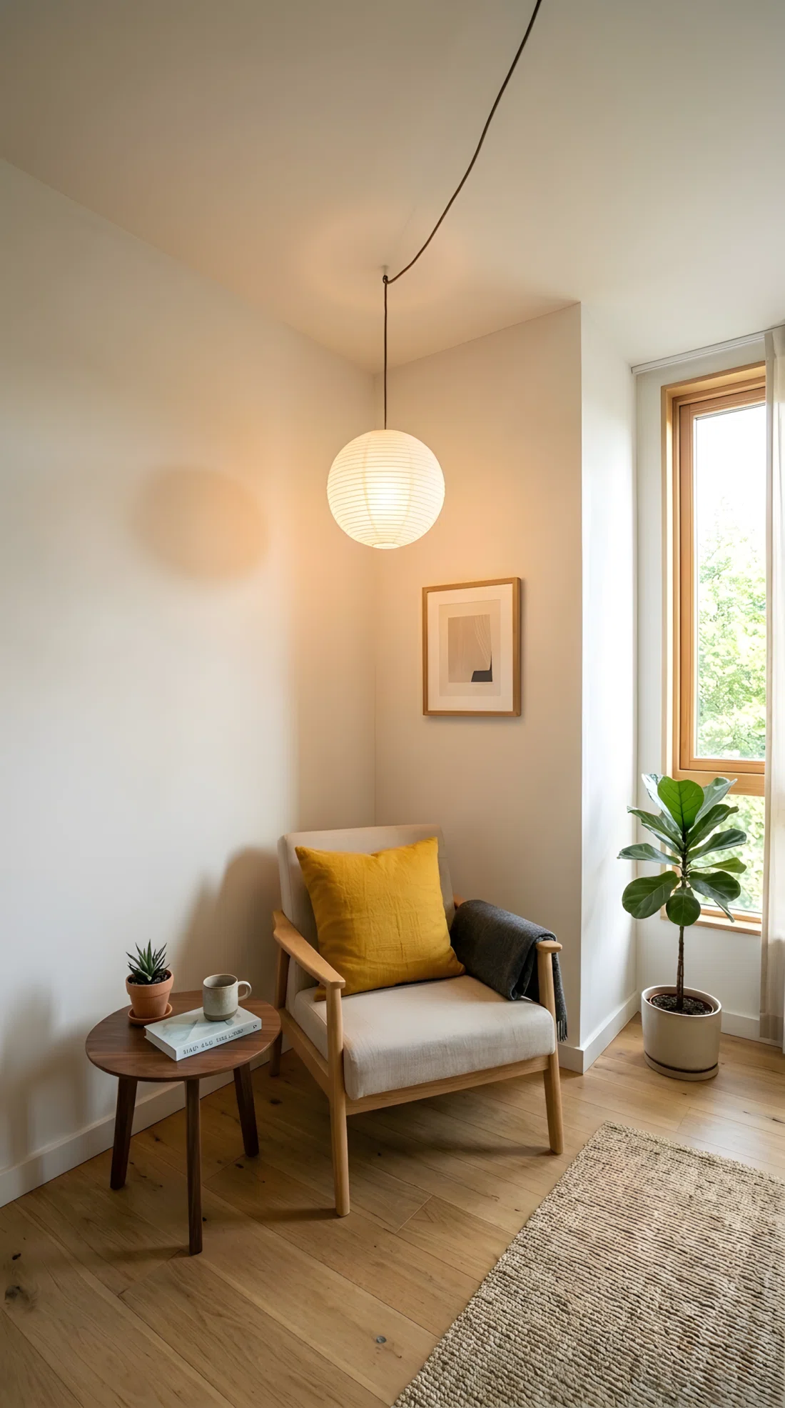 A wide-angle photograph of a minimalist bedroom corner, a round white paper lantern pendant hanging slightly off-center above a reading chair, soft diffused warm light glowing evenly through the paper shade onto the surrounding wall, vibrant mustard accent cushion on the chair, bright natural light entering from a nearby window, dramatic wide camera angle capturing the full corner and light spread, photographic stock-image realism.