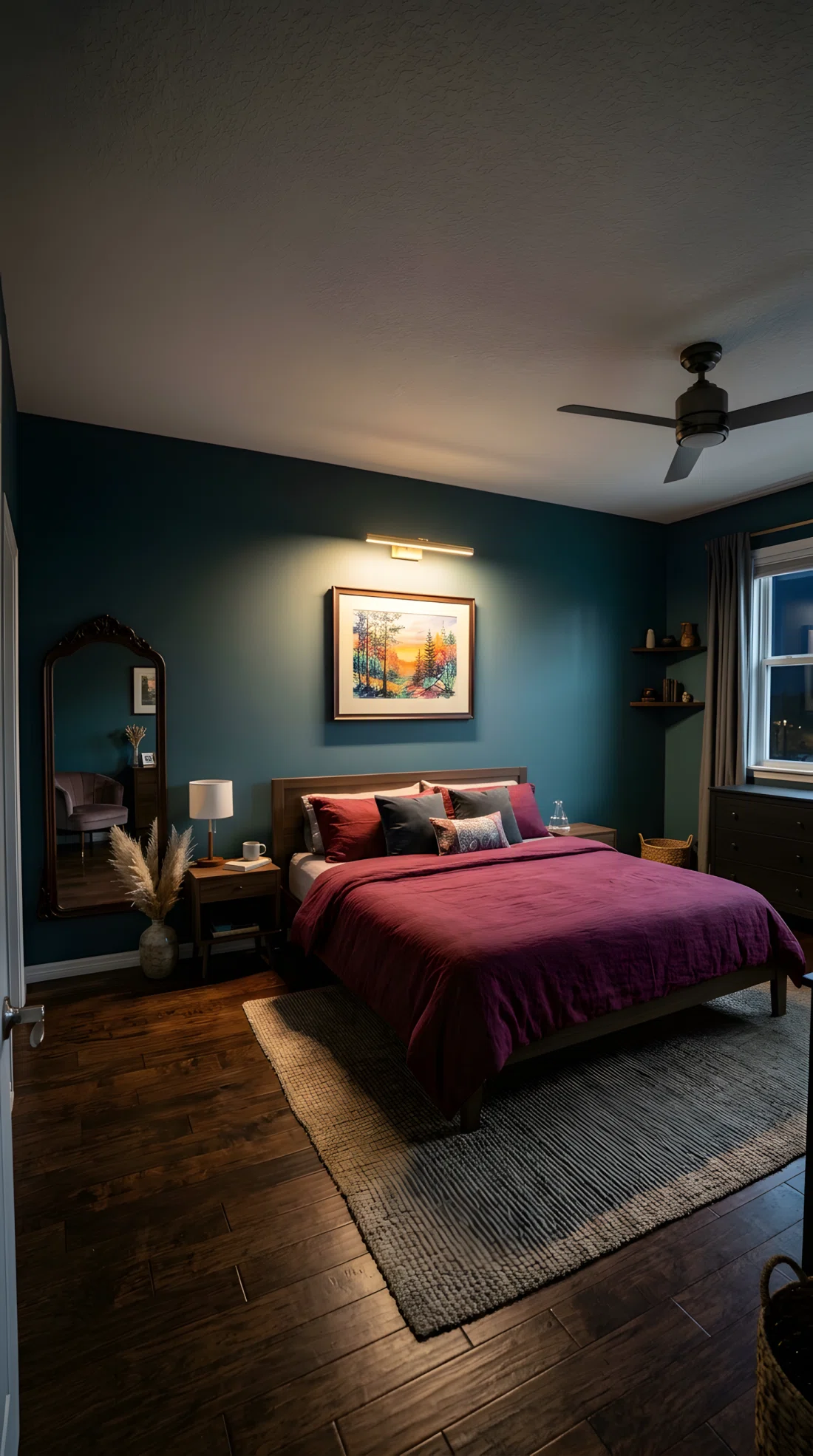 A wide-angle photograph of a bedroom wall, a slim brass picture light mounted above a framed art print casting a focused warm beam directly onto the artwork, the surrounding wall dim in contrast, vibrant deep burgundy bedding below, dramatic wide camera angle showing the full wall and light beam, photographic stock-image realism, neatly arranged frame.