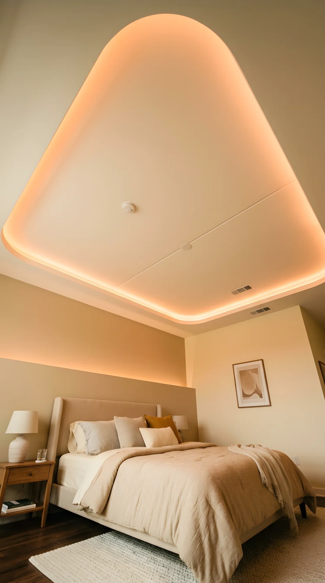 A wide-angle photograph of a bedroom ceiling, a recessed LED cove ring (RGB 255,214,170) glowing warm around the ceiling perimeter and washing evenly down the walls, no visible overhead fixture, vibrant cream and warm beige tones filling the room, bed neatly made below, dramatic wide upward camera angle capturing the full ceiling glow, photographic stock-image realism.