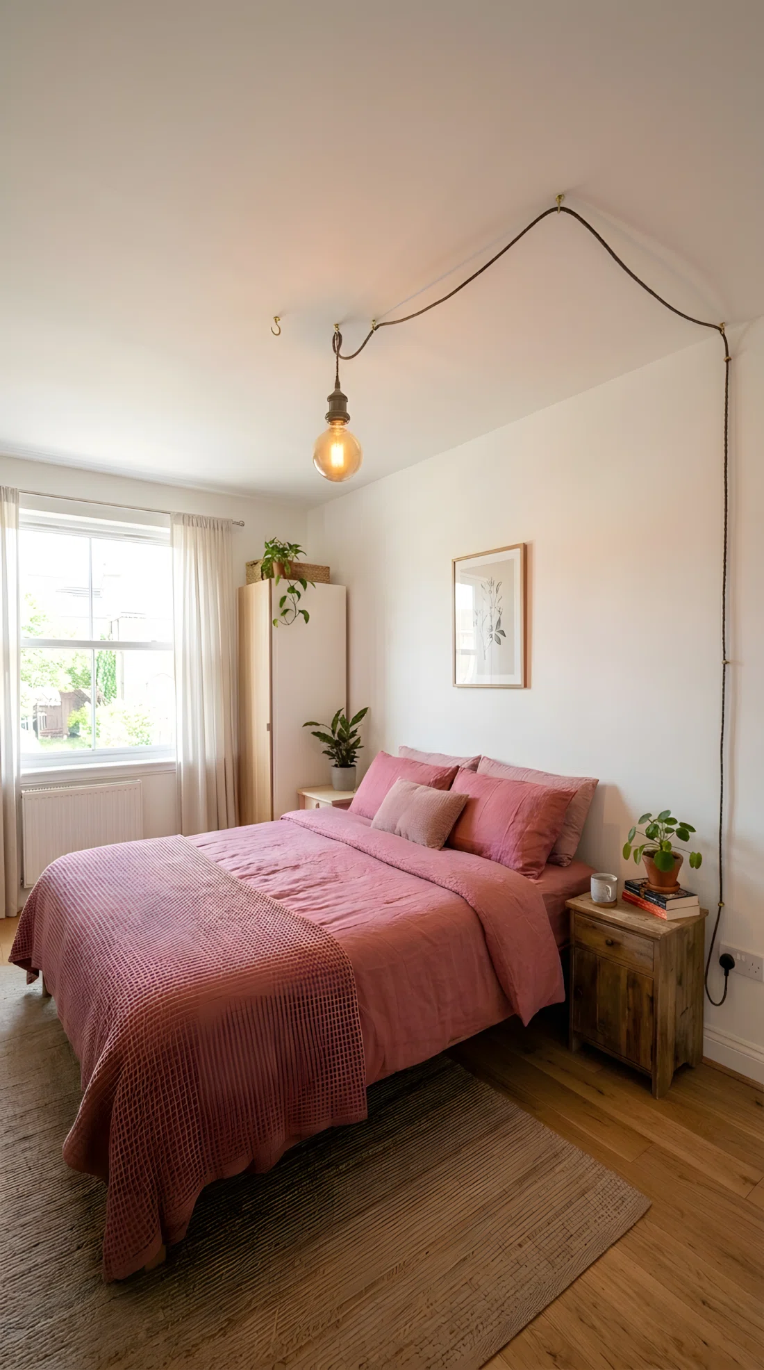 A wide-angle photograph of a rental bedroom, a plug-in swag pendant lamp hanging above the bed with its cord neatly looped along the ceiling to a wall outlet using small hooks, warm glowing bulb casting soft light onto the bedding, vibrant dusty rose bedding below, dramatic wide camera angle showing the full cord path and fixture, photographic stock-image realism, clean and organized setup.