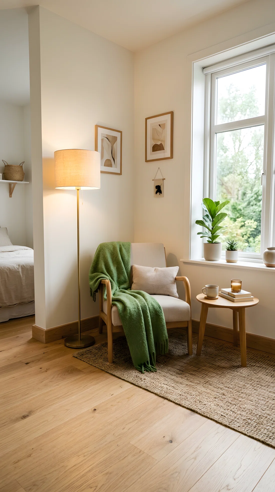 A wide-angle photograph of a Scandinavian-style bedroom corner, a tall floor lamp with a natural linen shade glowing softly beside an empty reading chair, diffused warm light spreading across the light oak floor, vibrant sage green throw draped on the chair, bright natural daylight entering from a nearby window, dramatic wide camera angle capturing the full corner depth, photographic stock-image realism.