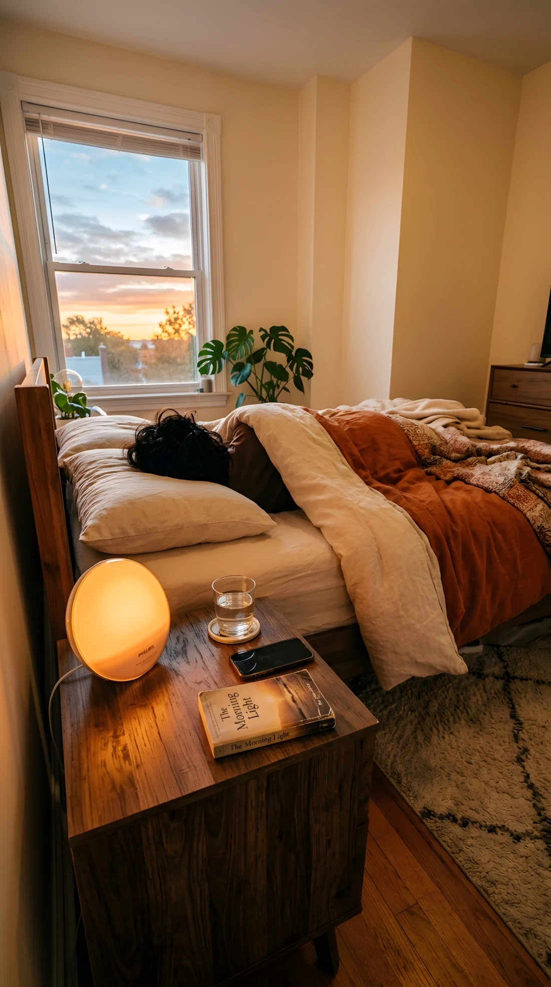 A wide-angle photograph of a bedroom nightstand at early dawn, a sunrise alarm lamp glowing soft amber (RGB 255,170,102) transitioning toward warm daylight, a person's silhouette gently stirring under the covers in the background, vibrant warm morning tones filling the room, dramatic wide camera angle capturing the full nightstand and bed context, photographic stock-image realism, neatly made bed.