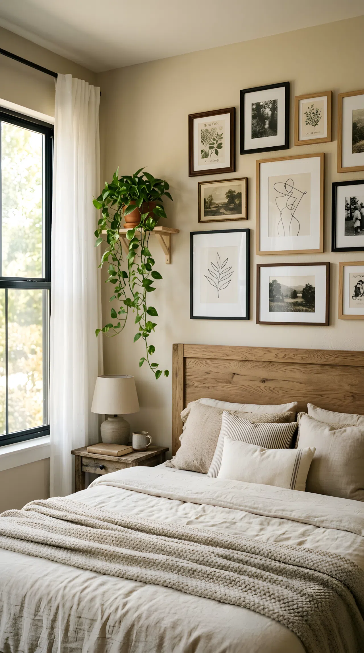 Photo-realistic bedroom corner featuring a curated gallery wall above a wooden headboard, mixed black and natural wood picture frames of varying sizes, small floating shelf with a trailing plant, soft daylight from a side window, warm neutral bedding, shot on a DSLR with shallow depth of field.