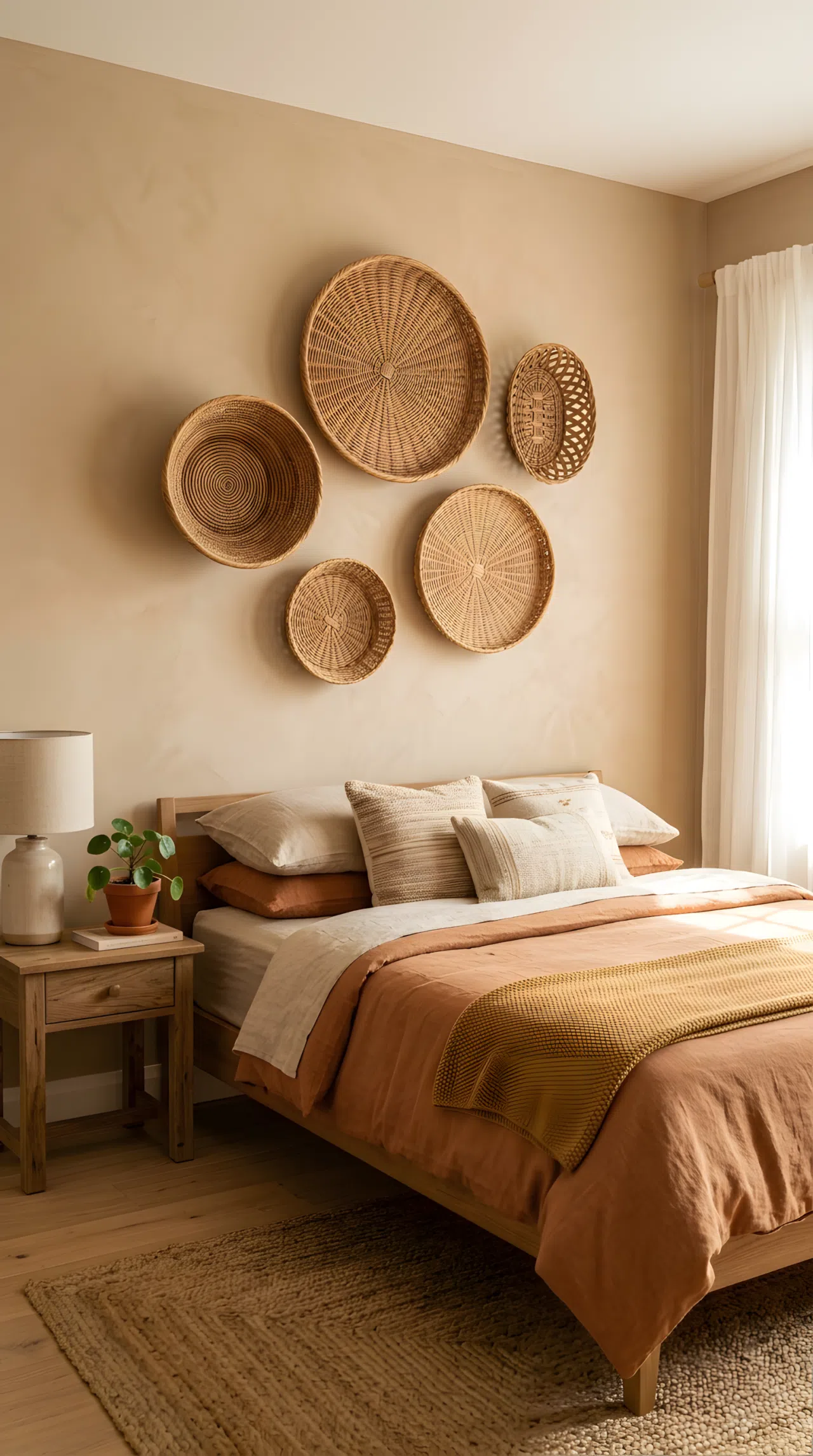 Photo-realistic bedroom wall with a cluster of five woven rattan baskets of varying sizes arranged asymmetrically, neatly made bed below with natural linen bedding, bright natural light, organized and clean composition, warm earthy vibrant tones.