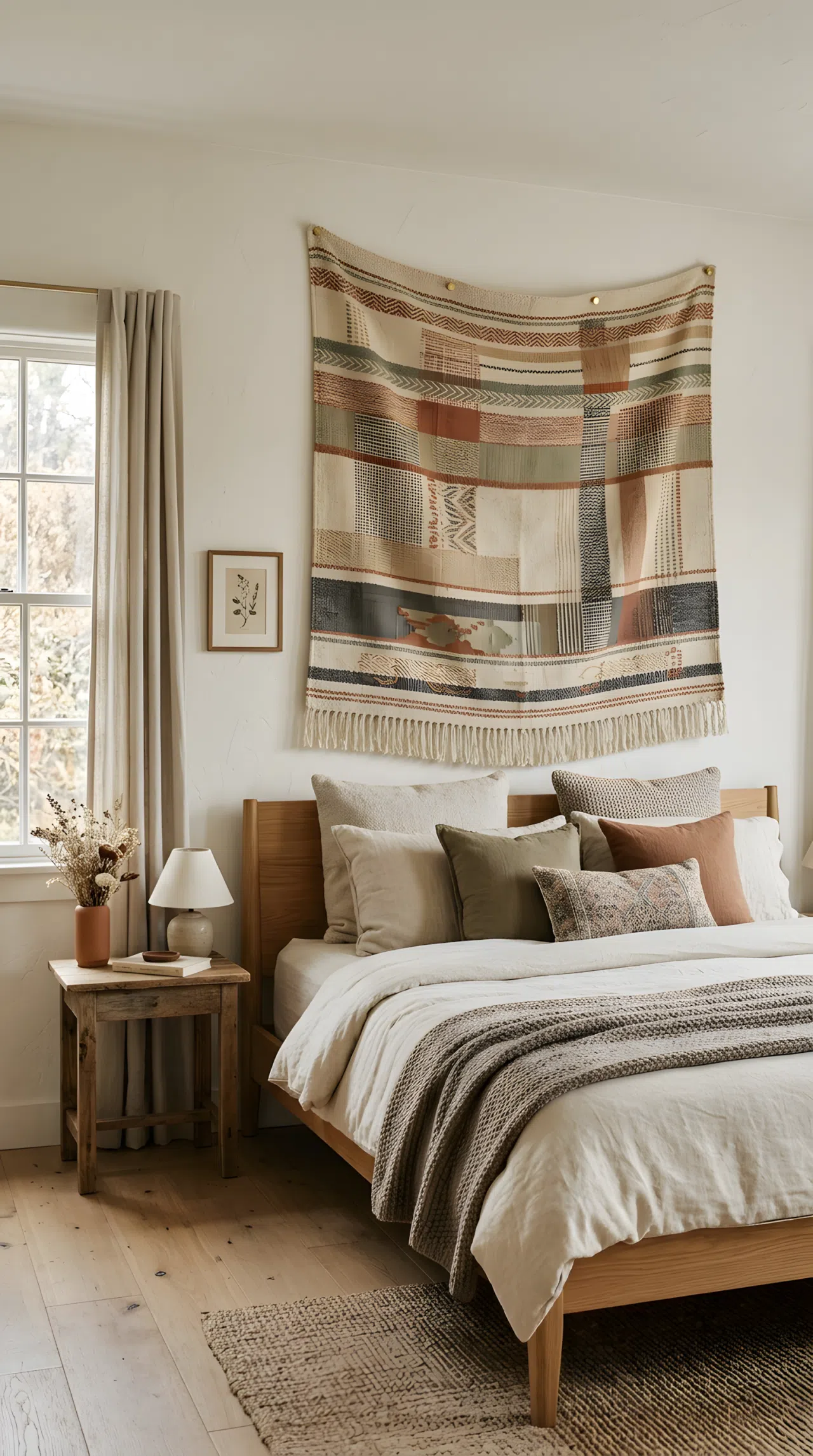 Photo-realistic bedroom wall with a large woven fabric tapestry in muted earthy tones draped and pinned neatly above the bed, soft natural light from a side window, clean minimal styling, cozy textured backdrop.