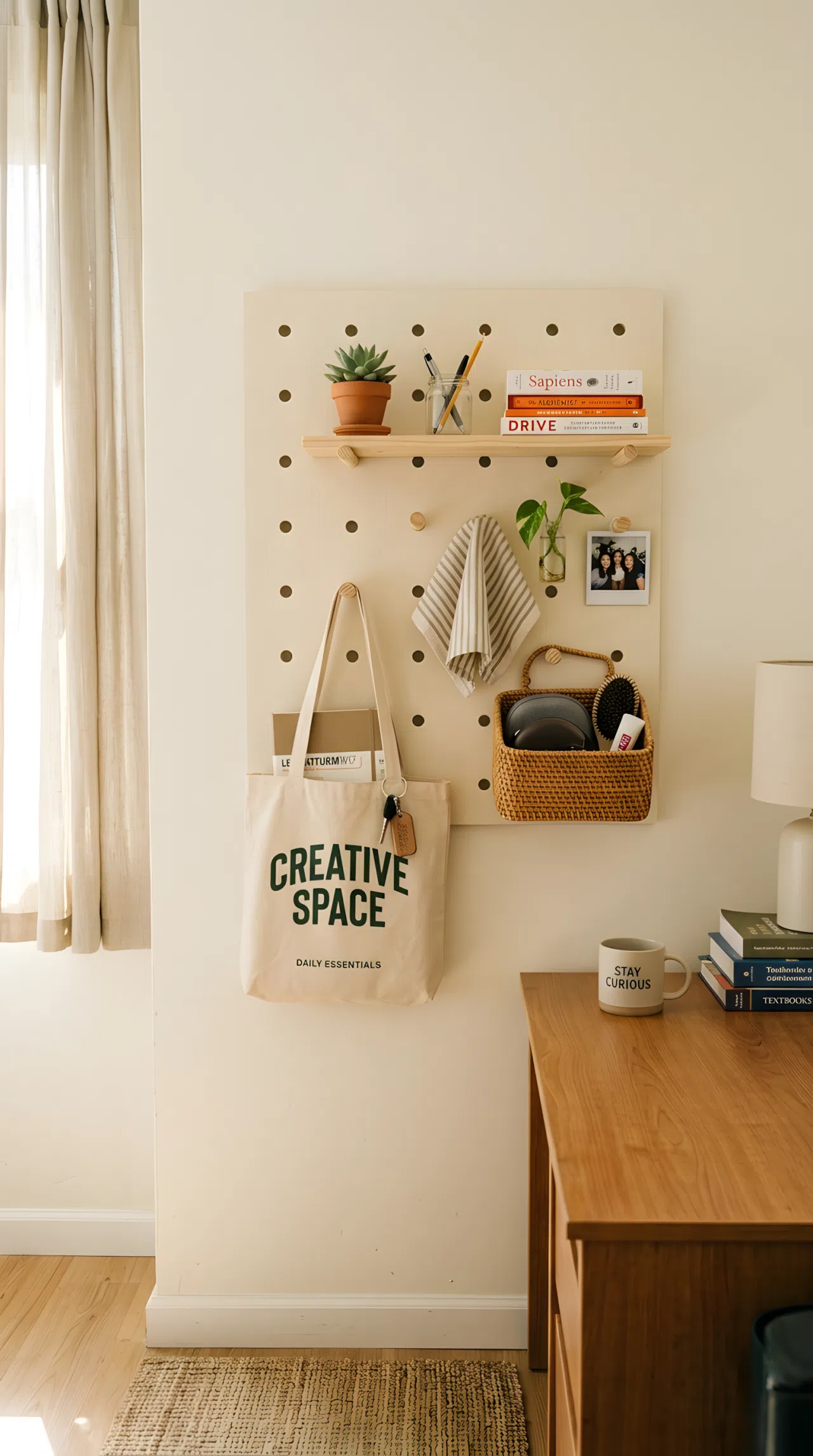 Photo-realistic dorm bedroom wall with a neatly painted light wood pegboard, small wooden pegs holding a mini shelf, hooks with a tote bag, and a woven basket, organized and clean arrangement, bright natural light, functional minimal styling.