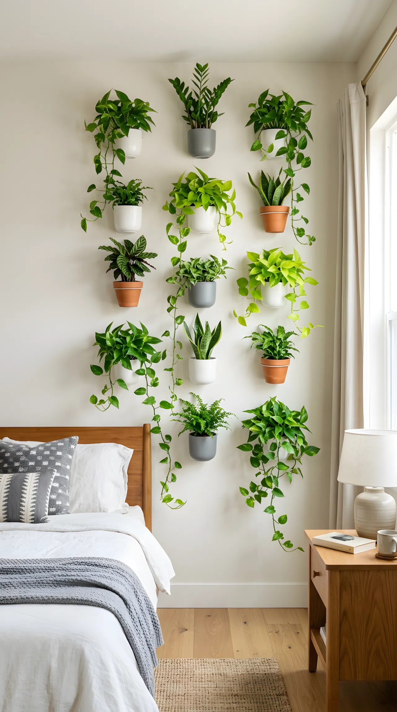 Photo-realistic bedroom wall with a vertical arrangement of small wall-mounted planters holding trailing pothos and upright leafy plants, neatly organized grid layout, bright natural light streaming in, vibrant green tones against a neutral wall.