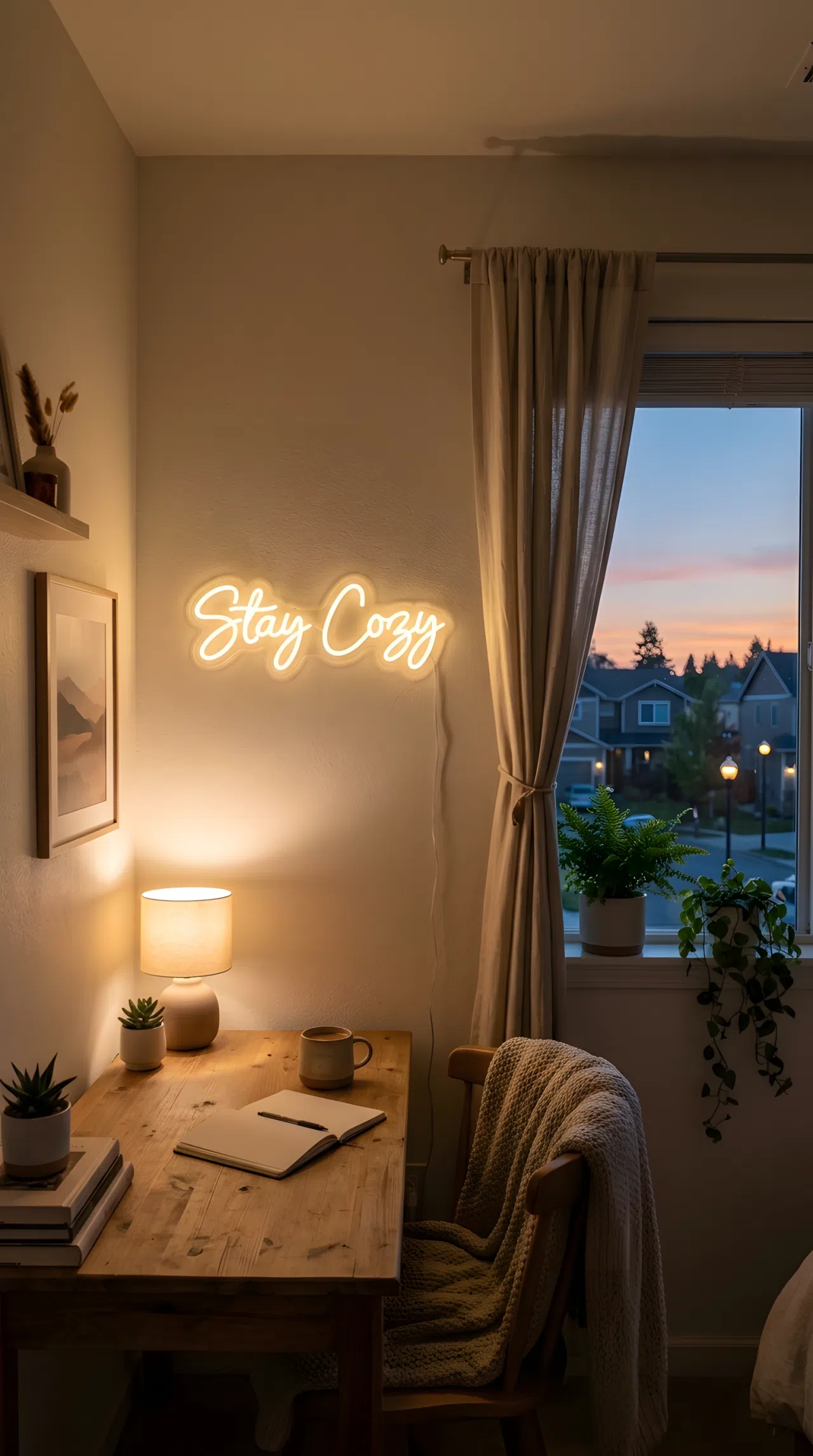 Photo-realistic bedroom wall at dusk featuring a small warm-white LED script sign mounted above a desk, soft glowing light illuminating the immediate wall area, bright natural light still visible from a window earlier in the day, cozy clean styling, warm inviting atmosphere.