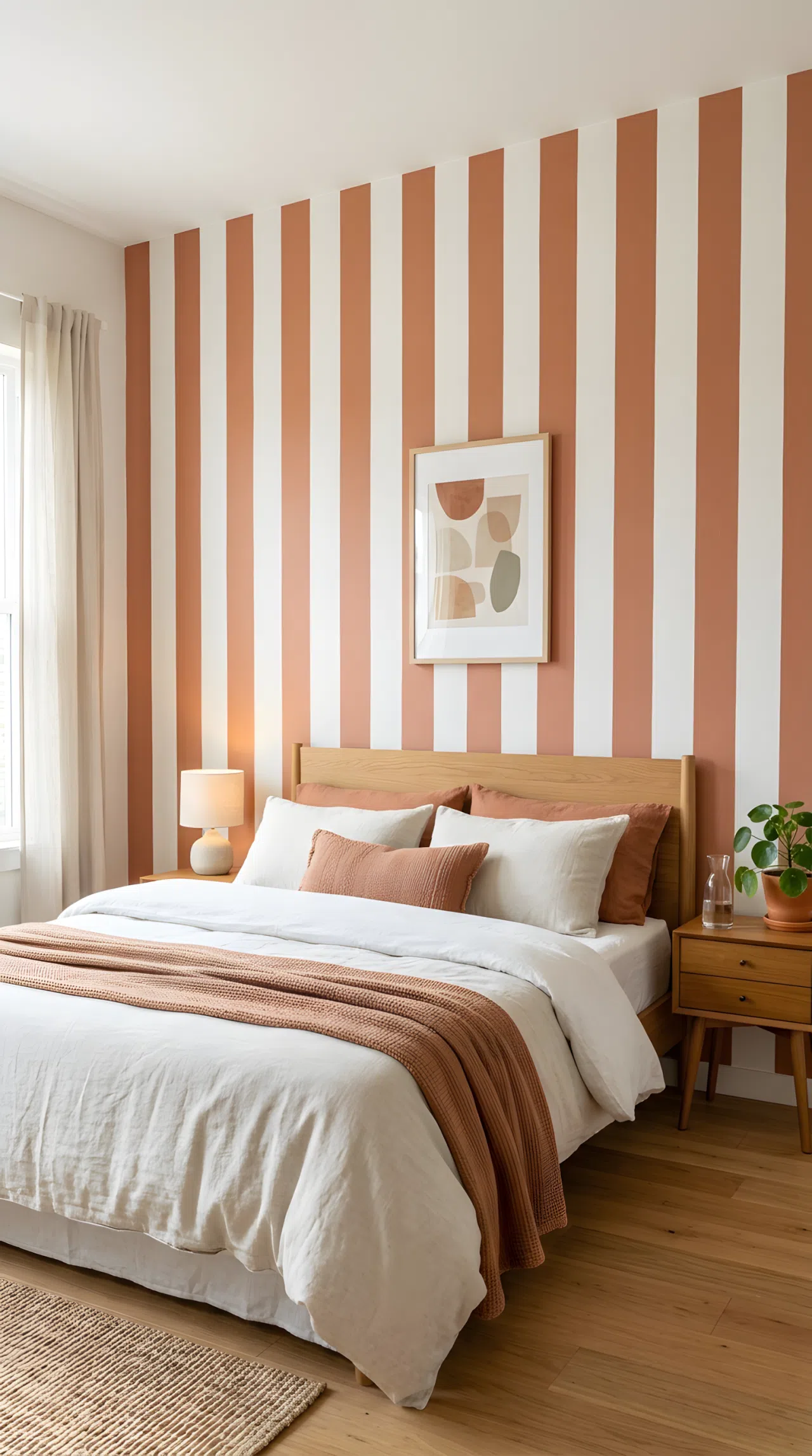 Photo-realistic bedroom accent wall with soft vertical painted stripes alternating a muted terracotta tone (RGB 196, 108, 74) and warm white, neatly styled bed with plain linen bedding below, bright natural daylight, clean vibrant composition.