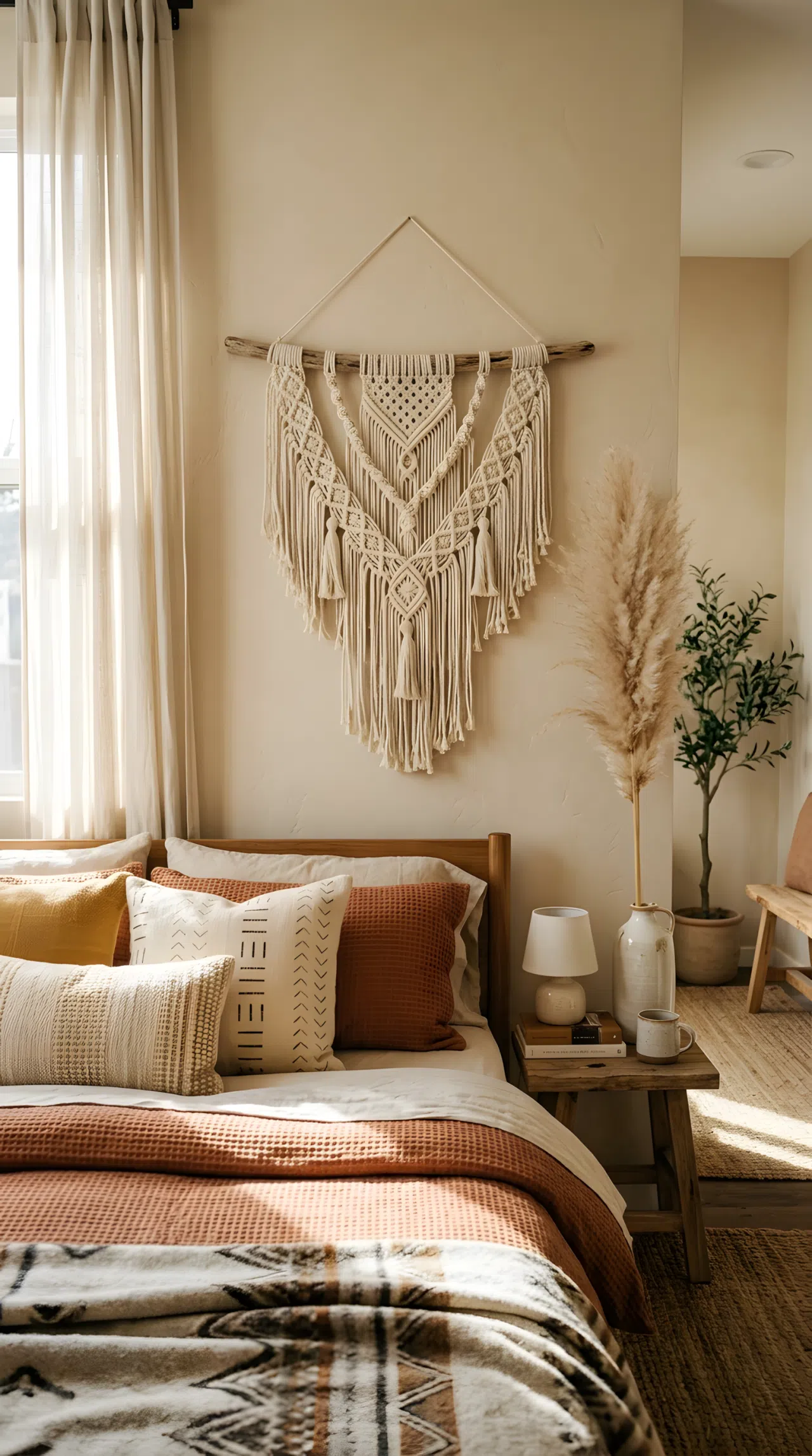 Photo-realistic close-up of a handmade cotton macrame wall hanging centered above a neatly styled bed, dried pampas grass stem beside it, natural window light falling diagonally across the woven texture, cozy boho bedroom, warm earthy tones.