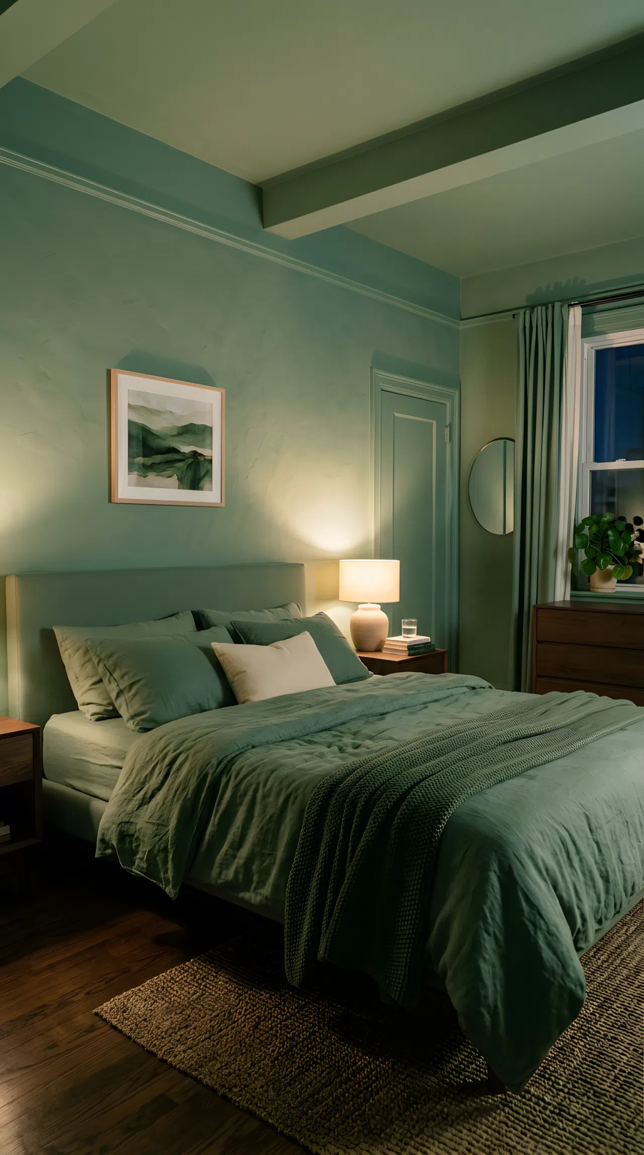 Photo-realistic bedroom with walls, trim, and ceiling painted in a single muted jade green tone (RGB 74, 124, 89), matching linen bedding in the same tonal family, soft ambient light source placed low near the headboard casting a warm glow across the textured wall, cohesive color-drenched atmosphere.