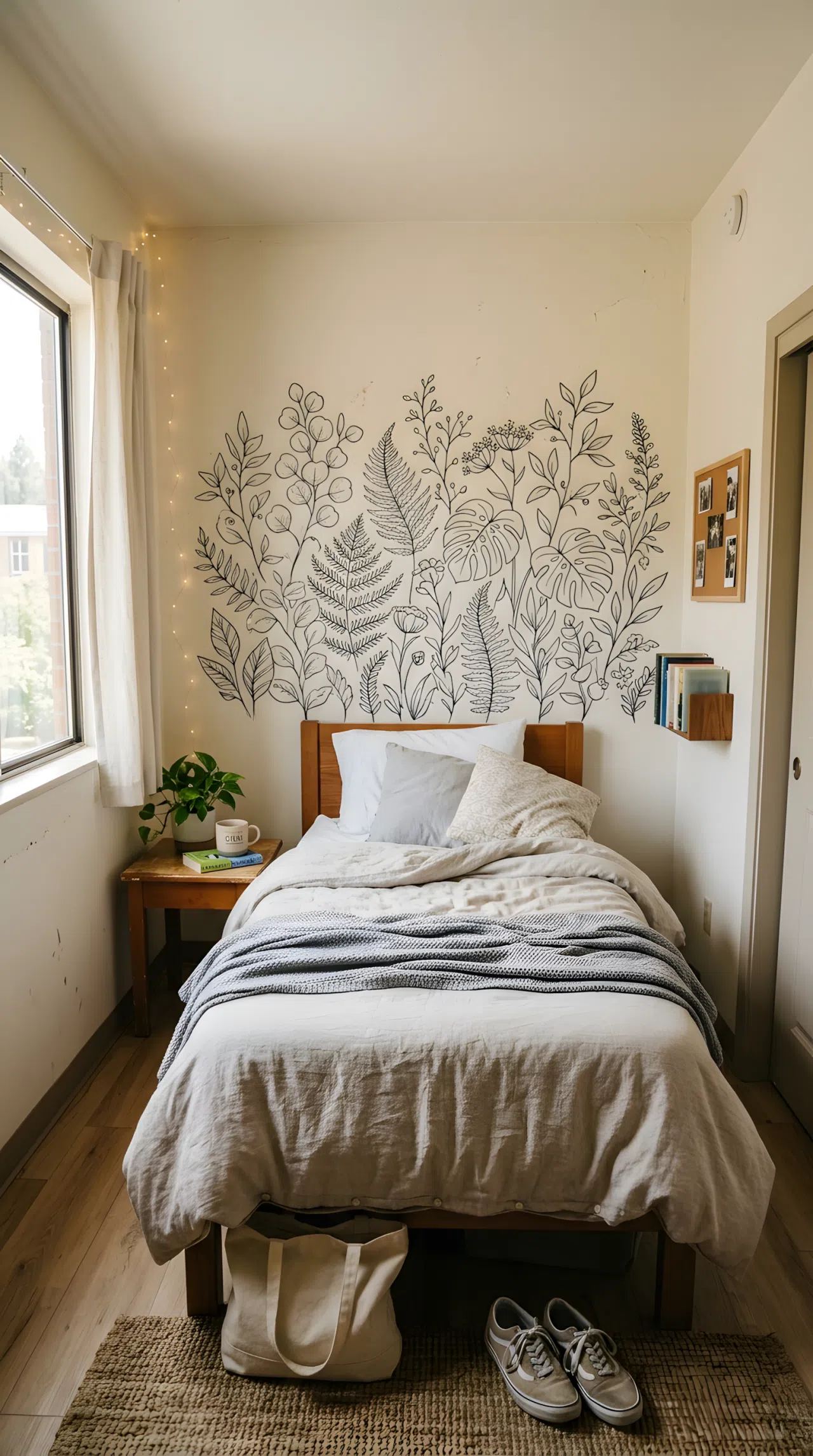 Photo-realistic dorm bedroom wall featuring a large botanical line-art removable wall decal spanning the width behind a single bed, soft morning light entering from the side, minimal furniture, neutral bedding, casual lived-in dorm atmosphere.