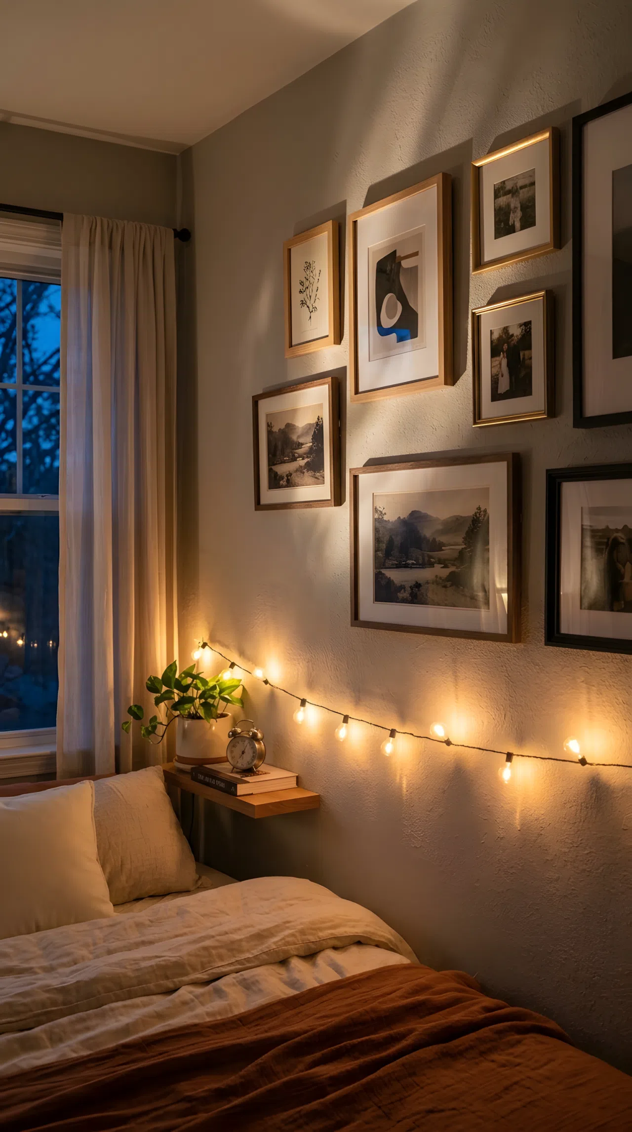 Photo-realistic bedroom wall at dusk, warm string lights mounted low along the edge of a gallery wall angled upward to cast soft directional shadows across framed art, warm amber glow, cozy evening atmosphere, visible light rays grazing the textured wall.
