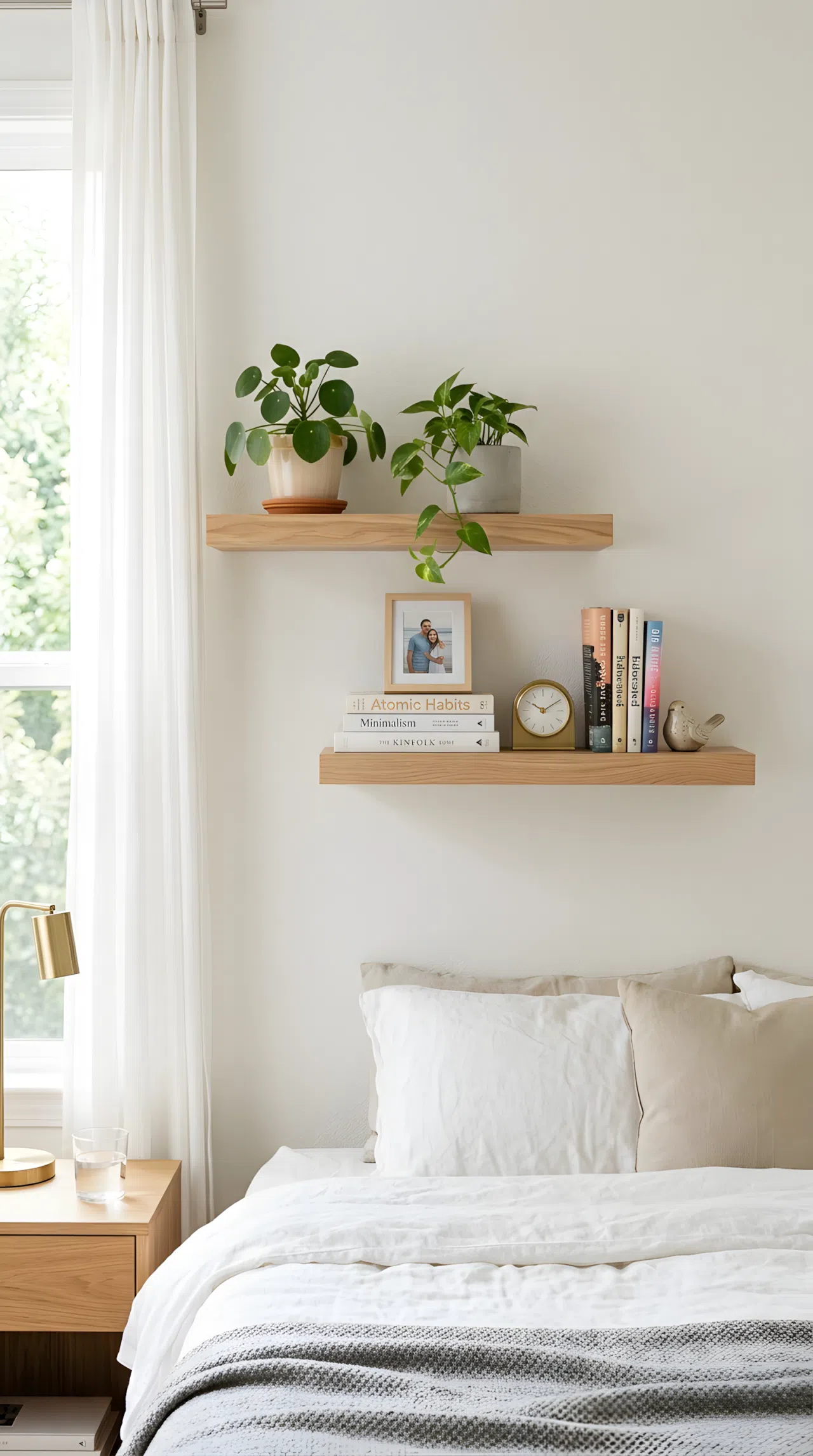 Photo-realistic bedroom wall with two staggered floating wood shelves, neatly styled with a small potted plant, stacked books, and a framed photo, beautifully arranged and organized display, bright natural light from a nearby window, clean minimalist bedroom.