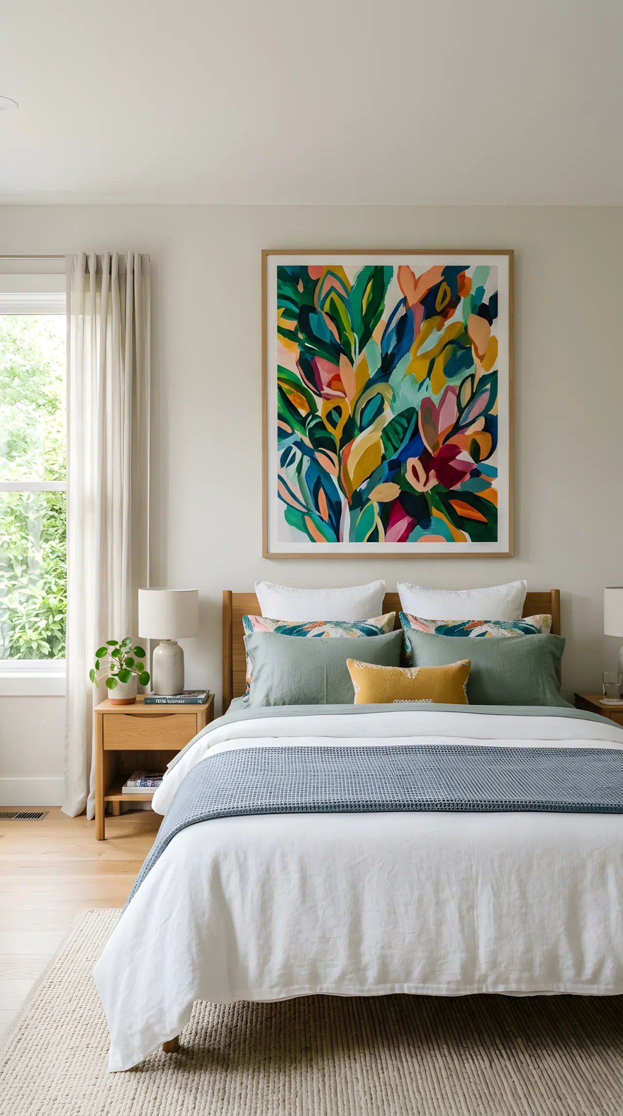 Photo-realistic bedroom with one large-scale abstract botanical print centered above the bed, neatly made bedding in coordinating tones, bright natural light, clean uncluttered composition, vibrant colors in the artwork standing out against a neutral wall.