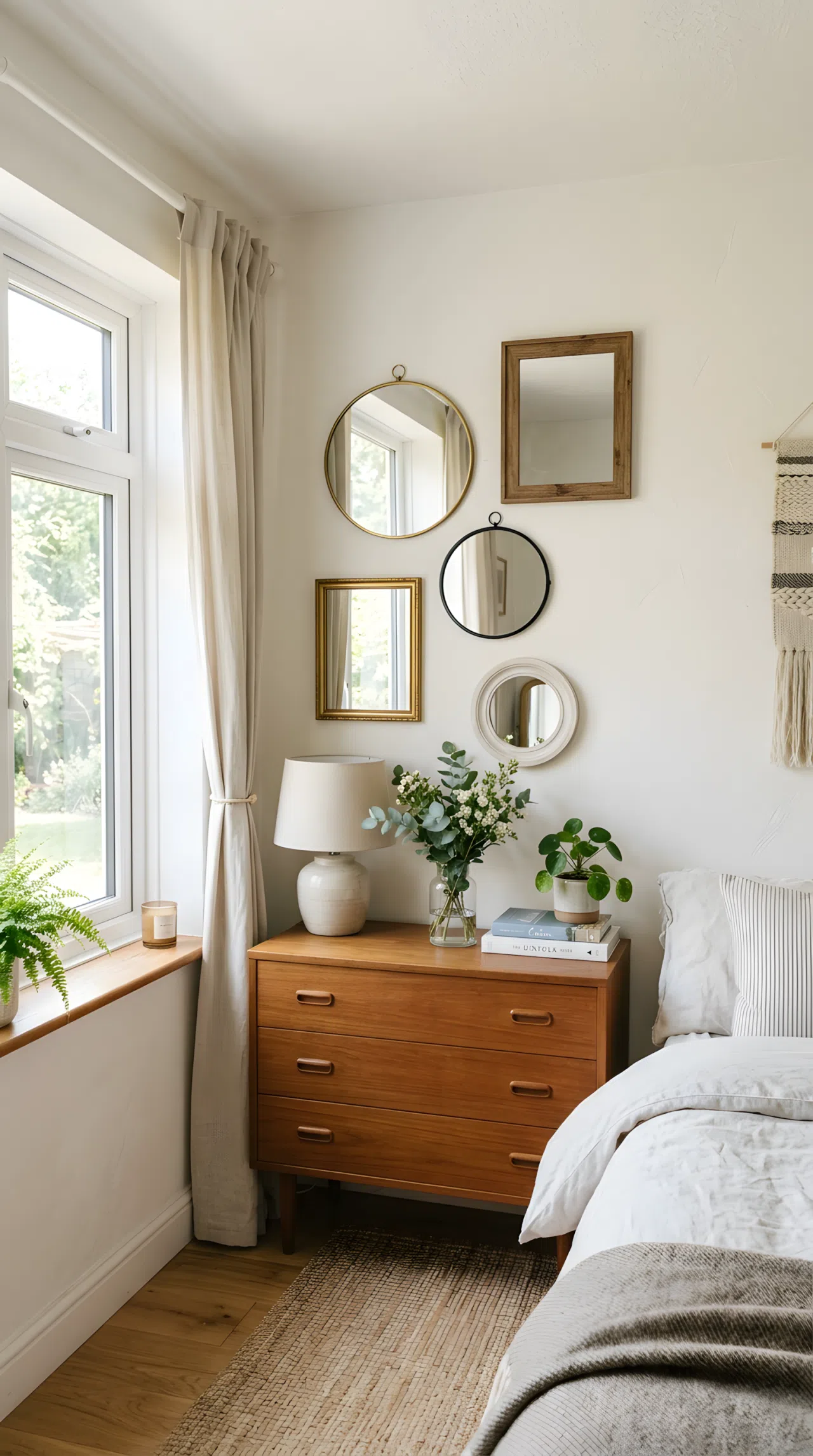 Photo-realistic bedroom corner with a cluster of five small mirrors in mixed round and rectangular frames arranged on the wall opposite a window, sunlight reflecting softly off the glass surfaces, organized and beautifully arranged layout, bright airy bedroom.