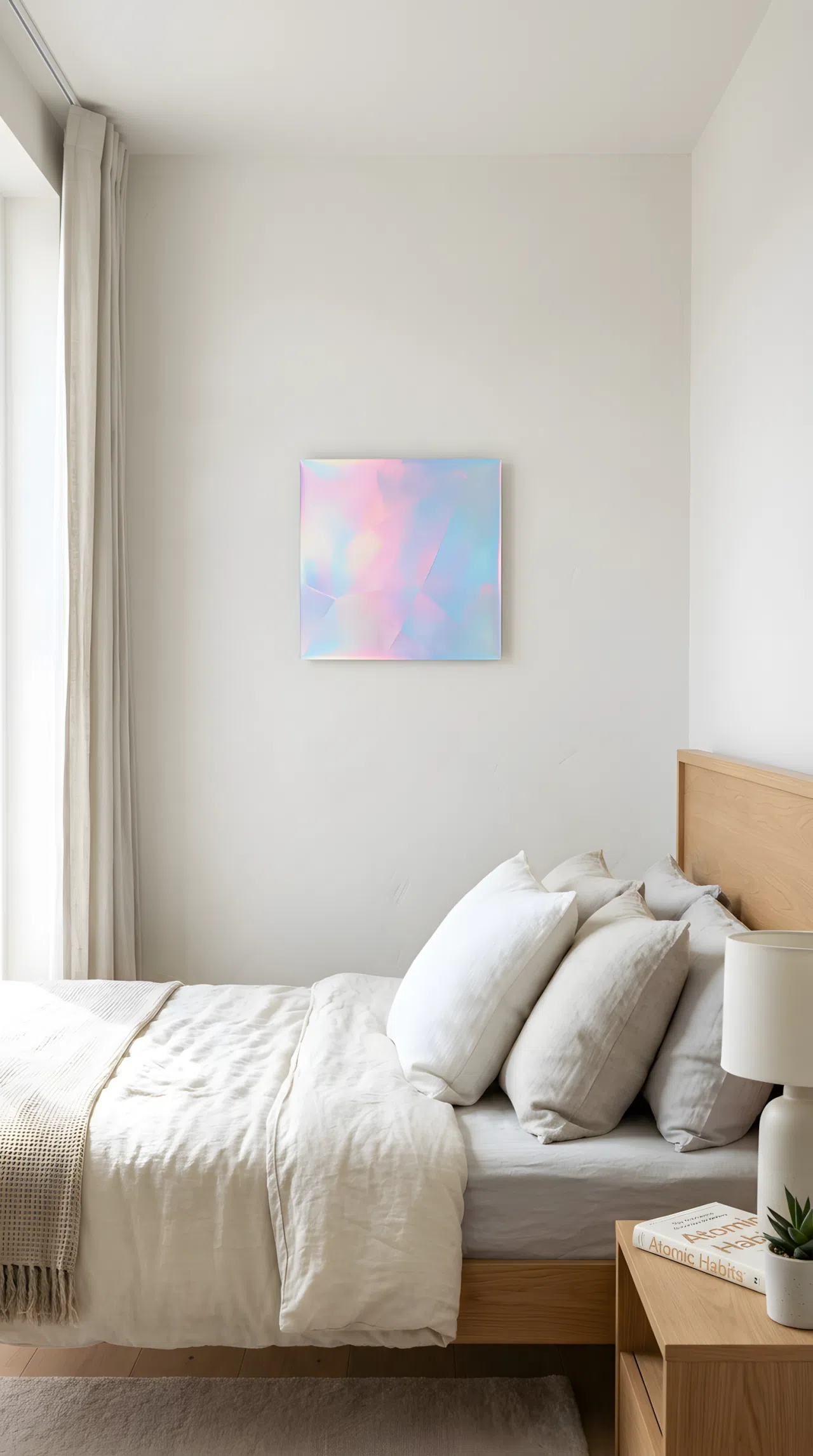 Photo-realistic bedroom wall featuring one small iridescent holographic wall panel with opalescent surface reflecting soft pink and blue tones (RGB 214, 189, 226 and RGB 173, 216, 230), neatly arranged, bright natural light catching the shimmer, clean modern bedroom.
