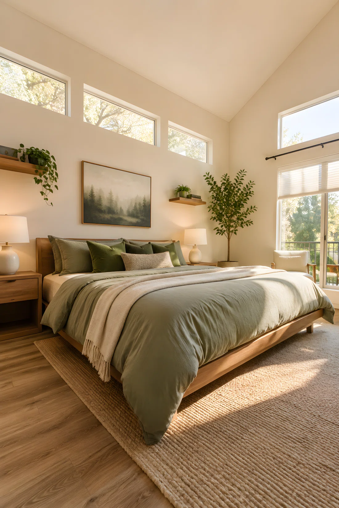 Wide angle interior photography of an airy bedroom featuring soft warm beige walls (RGB 229, 218, 199) paired with vibrant sage green (RGB 138, 154, 134) bedding and velvet throw pillows, dramatic low-angle perspective, natural sunlight streaming through high windows.