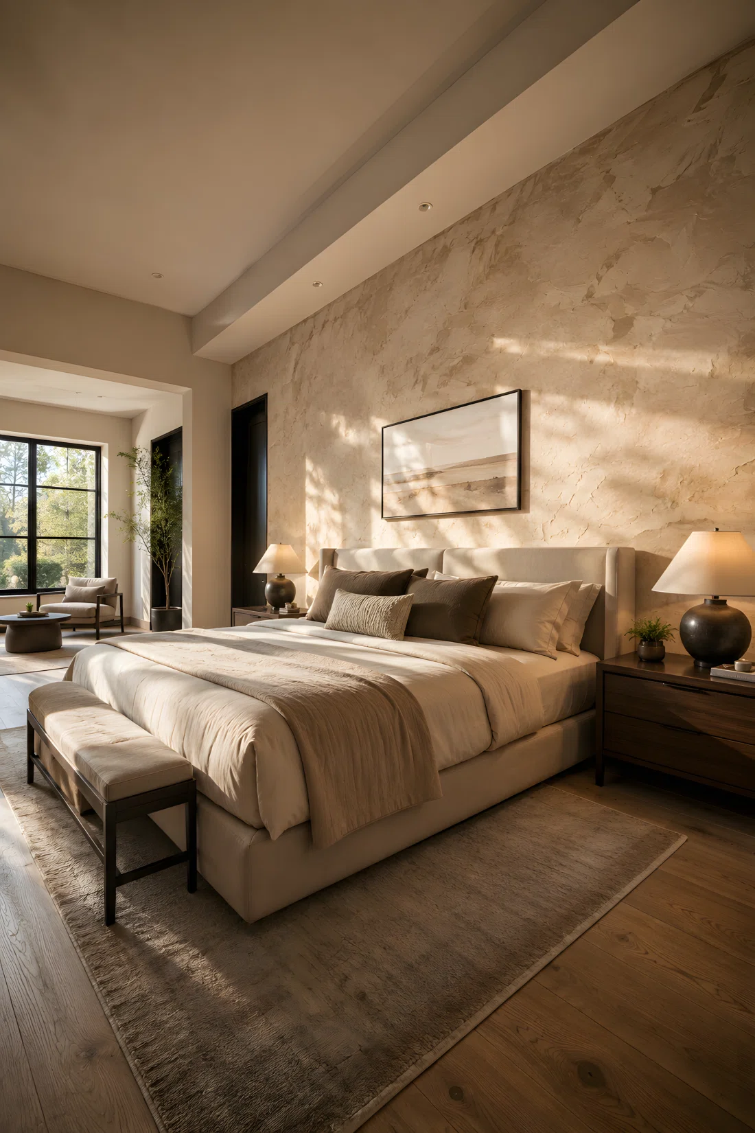 Wide-angle architectural photography capturing a master bedroom with a dramatic textured beige limewash accent wall (RGB 218, 203, 185), sunlight casting soft shadows across brush stroke details, framed from a low corner angle for dramatic depth.