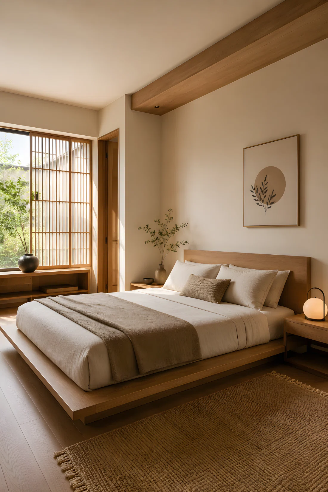 Wide angle interior stock photograph of a Japandi style bedroom, low platform wooden bed in light oak (RGB 180, 142, 98), warm beige walls (RGB 235, 224, 207), minimal clutter, dramatic side-angle view showing crisp architectural lines.