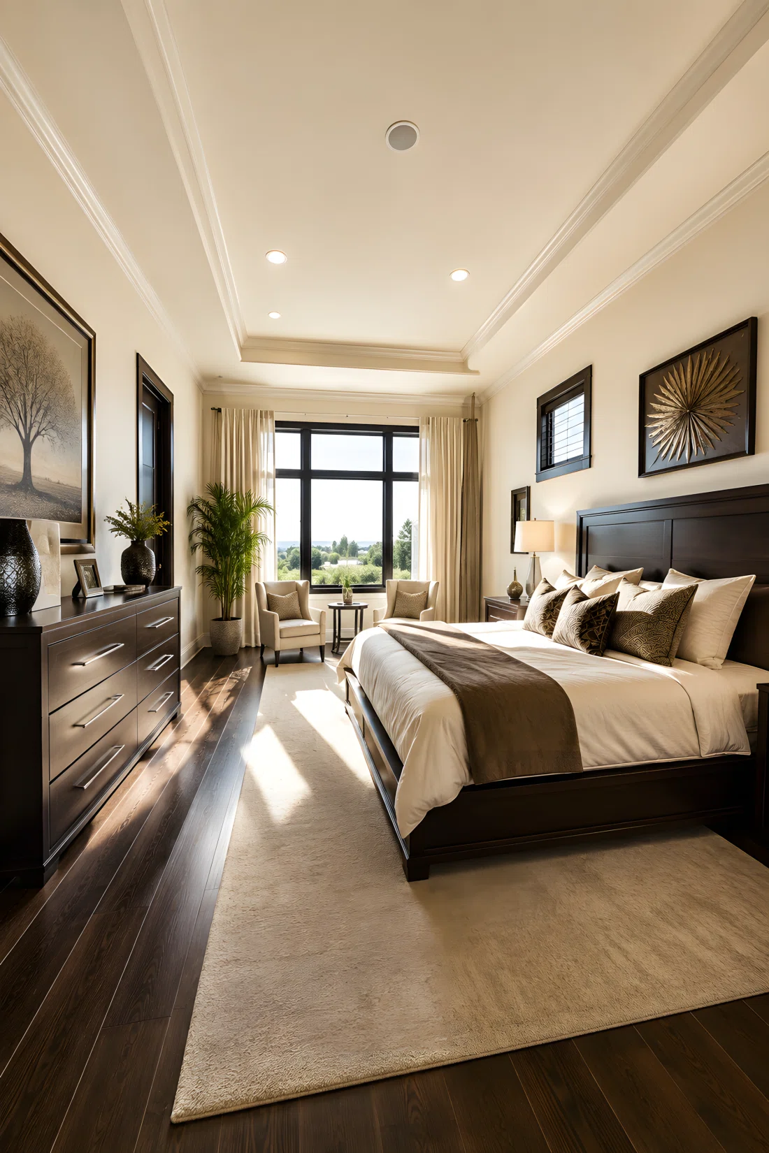 Wide angle photography of a luxury bedroom with soft beige walls (RGB 242, 235, 222) and deep espresso wood furniture (RGB 51, 34, 25), dramatic vanishing point perspective, vibrant contrast illuminated by bright sunlight.