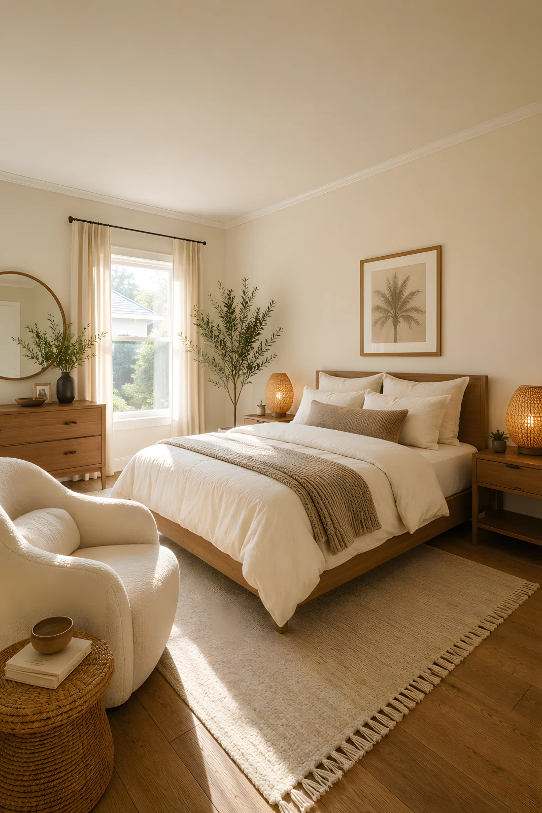 Wide-angle photography of a stylish bedroom with warm beige walls (RGB 238, 228, 213), featuring a cream bouclé armchair and woven rattan accent lamps (RGB 205, 160, 110), dramatic diagonal perspective, bright ambient morning lighting.