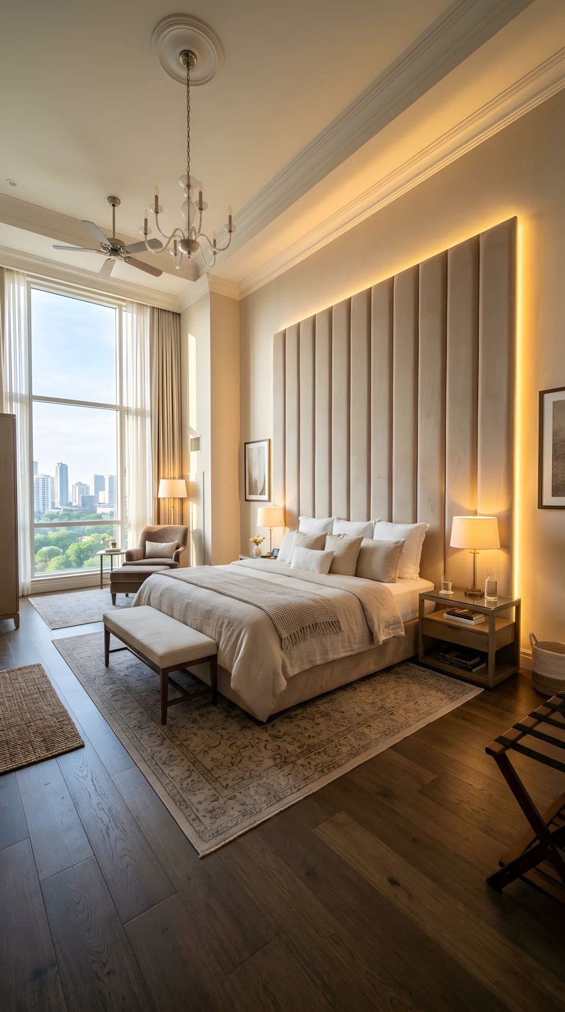 Wide angle interior photography of a luxurious hotel-style bedroom featuring an oversized floor-to-ceiling upholstered headboard in soft beige (RGB 232, 220, 202), warm LED strip backlighting positioned behind the headboard casting a soft glow upward, dramatic low perspective, crisp morning sunlight.