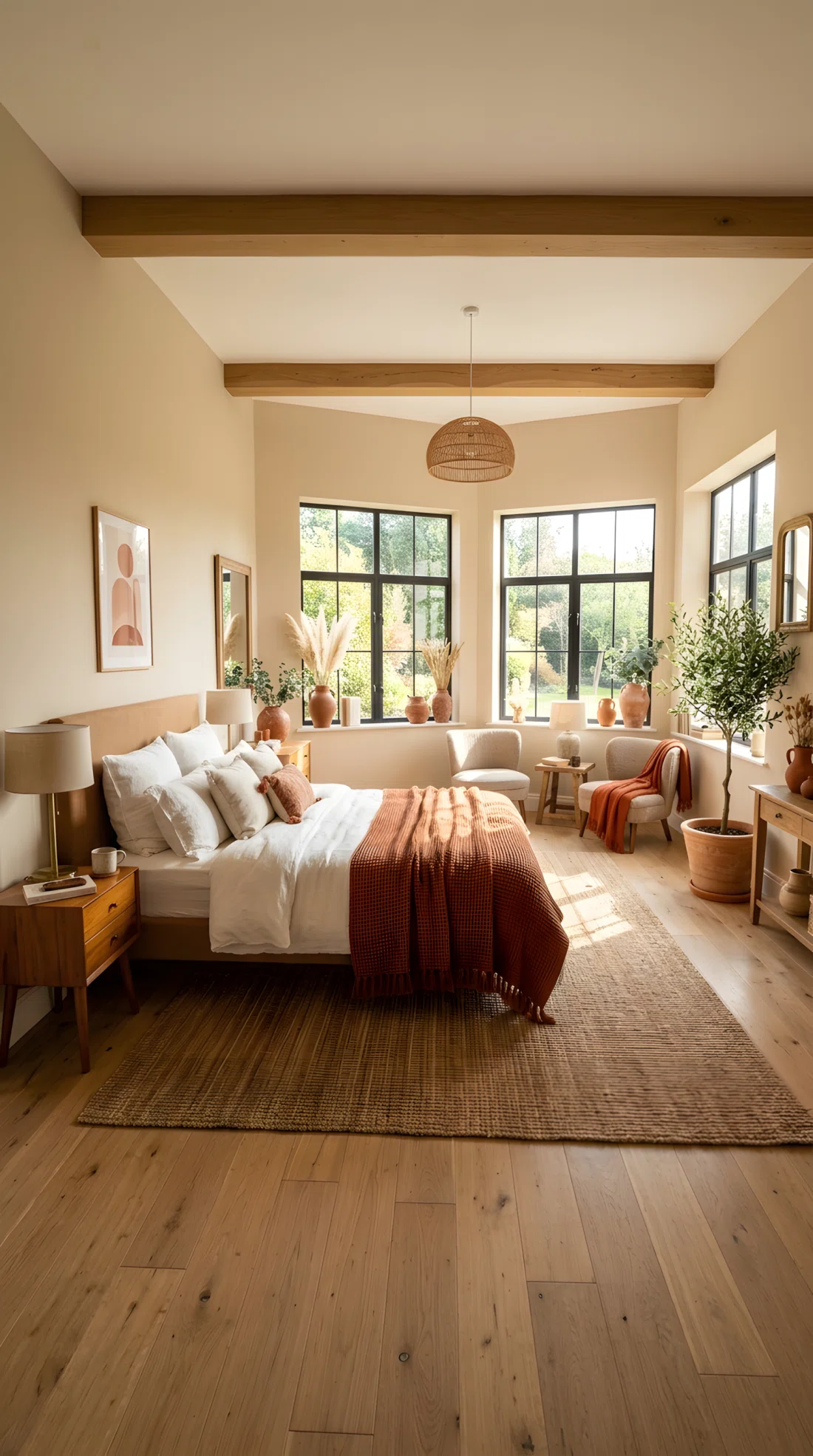 Wide angle photography of an inviting master bedroom with sand beige walls (RGB 225, 212, 193), styled with rich terracotta clay vases (RGB 184, 80, 52) and rust orange woven throw blankets, dramatic wide corner shot, bright direct sunlight.