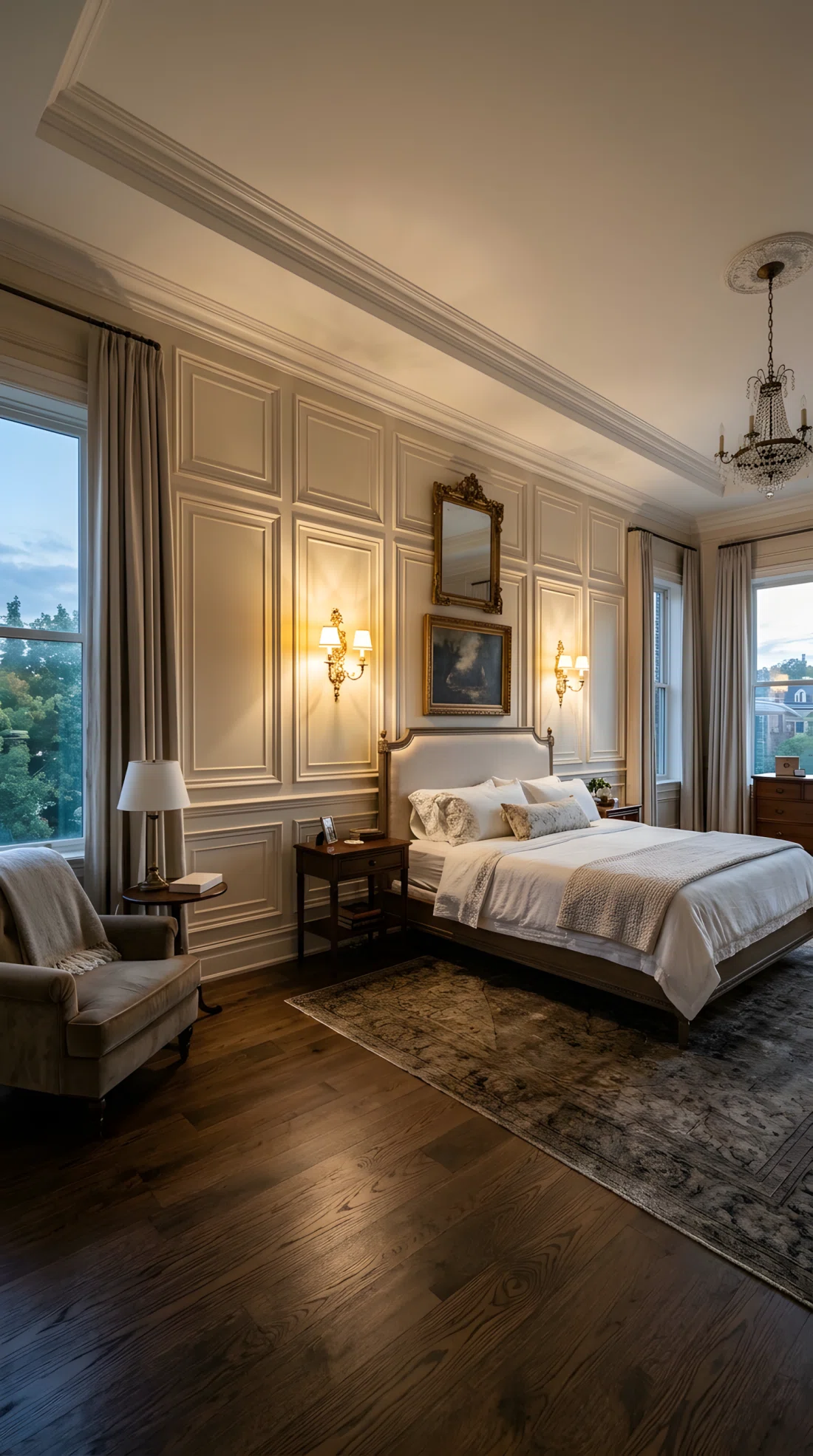 Wide angle architectural photography of a classic bedroom with full-height beige wainscoting paneling (RGB 238, 229, 215) on the main wall, brass wall sconces positioned at eye level casting warm downlight pools, dramatic wide side angle.