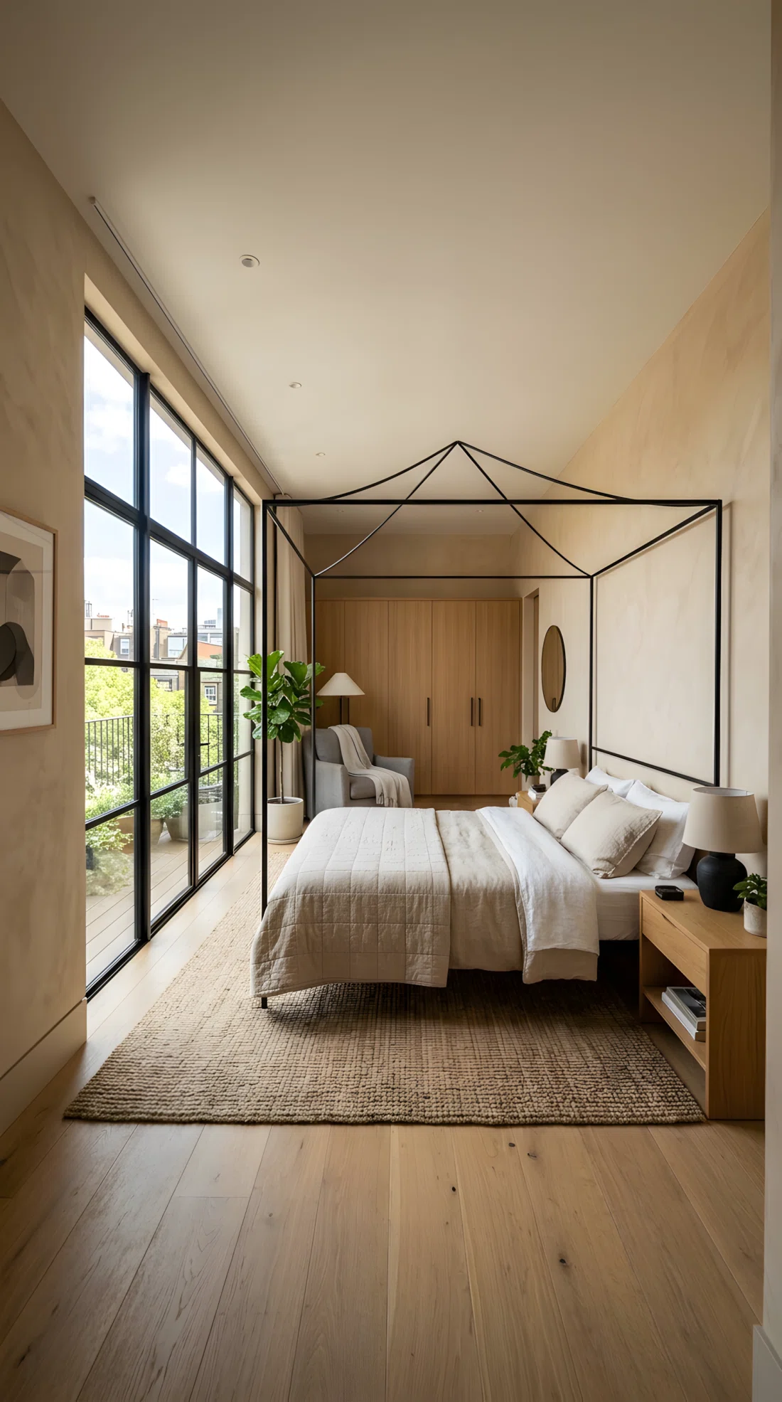Wide angle photograph of a modern bedroom with warm beige plaster walls (RGB 230, 219, 201), matte black metal window frames (RGB 30, 30, 30) and a slender black canopy bed frame, dramatic vanishing point angle, bright natural window light.
