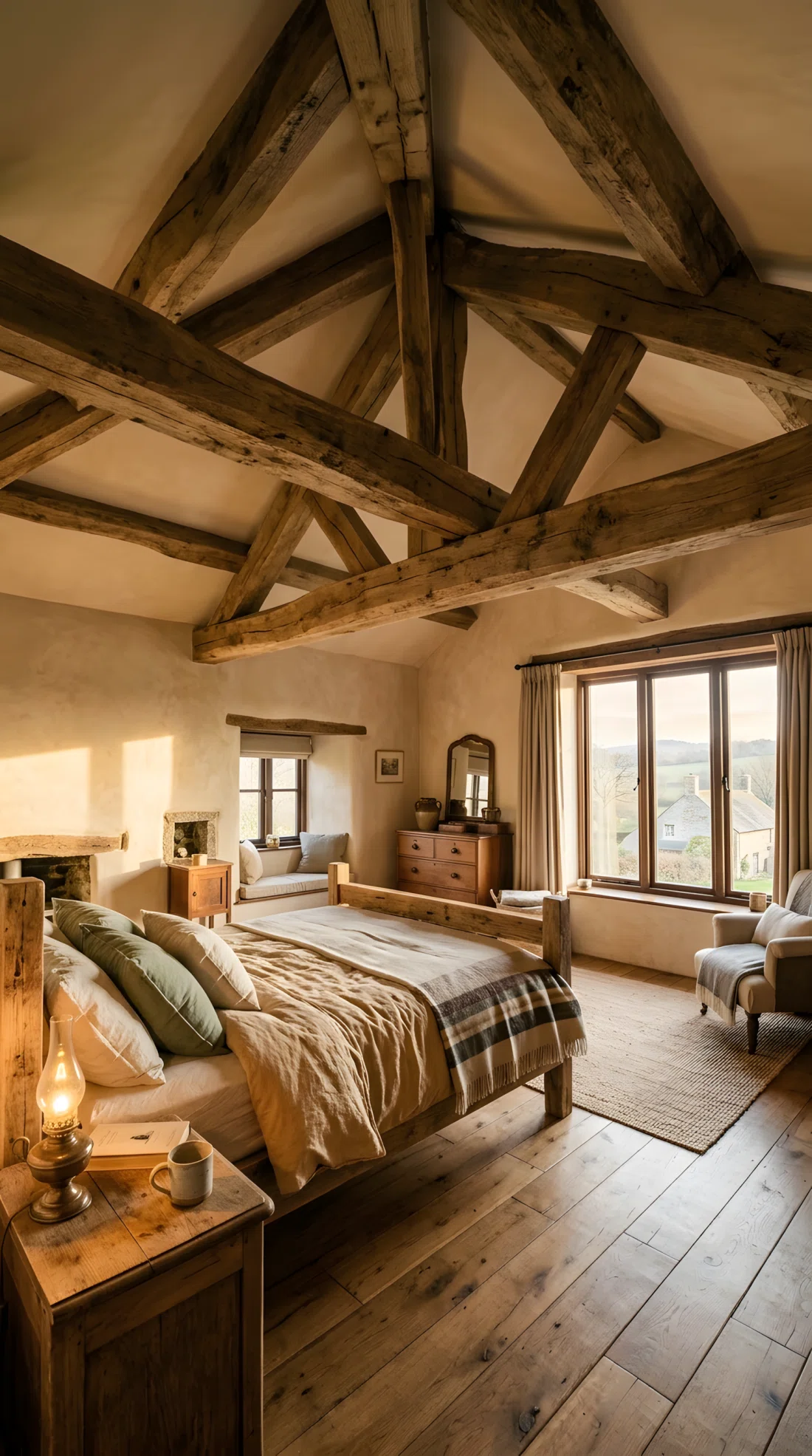 Wide angle photography of a rustic cottage bedroom with warm beige walls (RGB 236, 226, 210) and exposed raw oak ceiling beams (RGB 150, 110, 70) overhead, dramatic low-angle shot looking upward across the room, flooded with warm morning light.