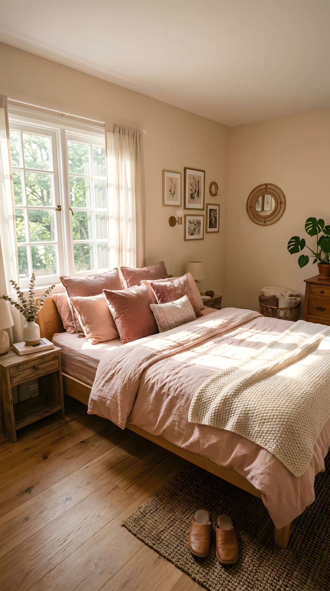 Wide angle interior photograph of a cozy bedroom with soft beige walls (RGB 233, 222, 205), styled with blush pink bedding (RGB 232, 190, 185) and dusty rose cushions, dramatic low corner angle, bright morning light streaming across the bed.