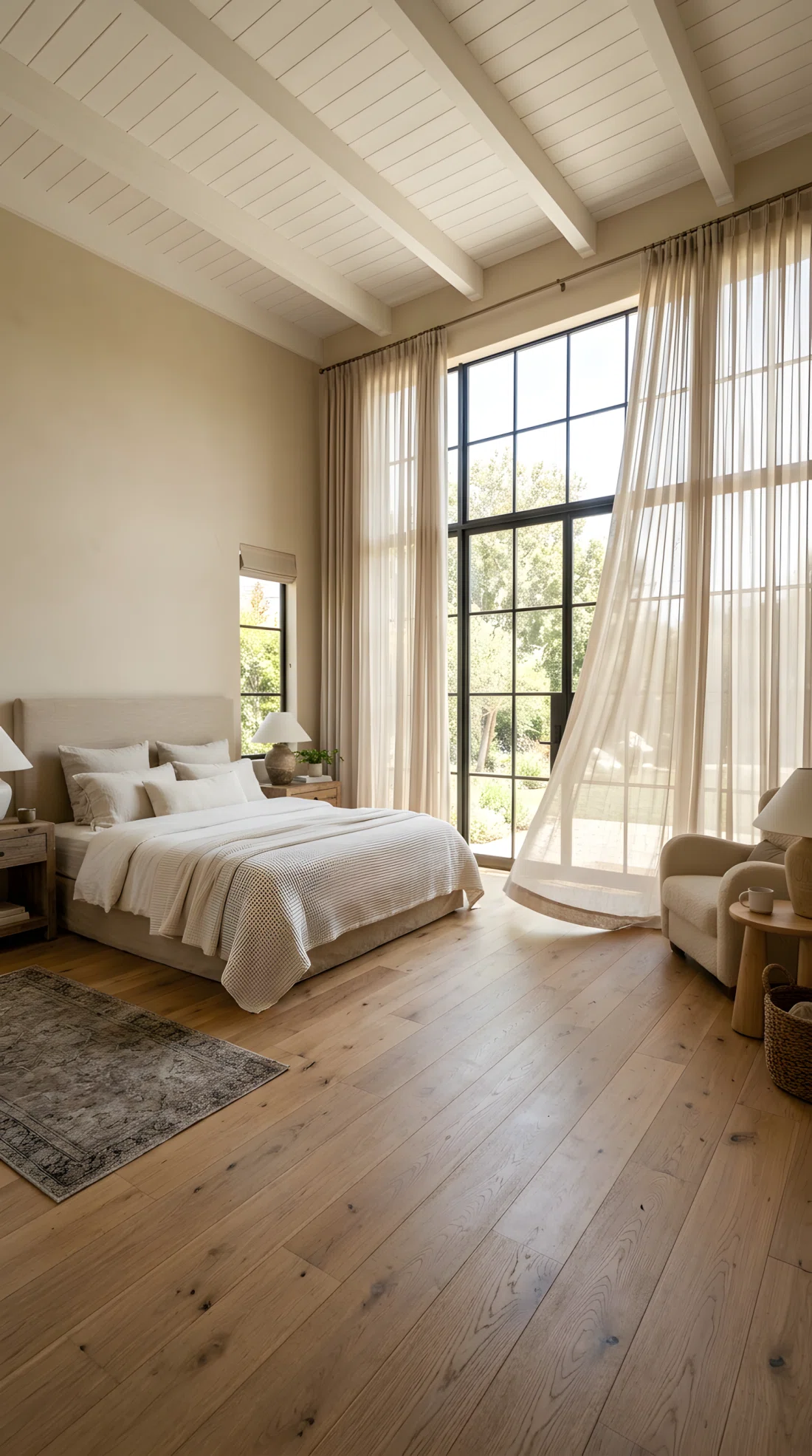 Wide angle stock photograph of an airy master bedroom with beige walls (RGB 238, 228, 213), featuring full height semi-sheer beige linen curtains sweeping the wooden floor, dramatic wide perspective looking toward large sunlit windows.