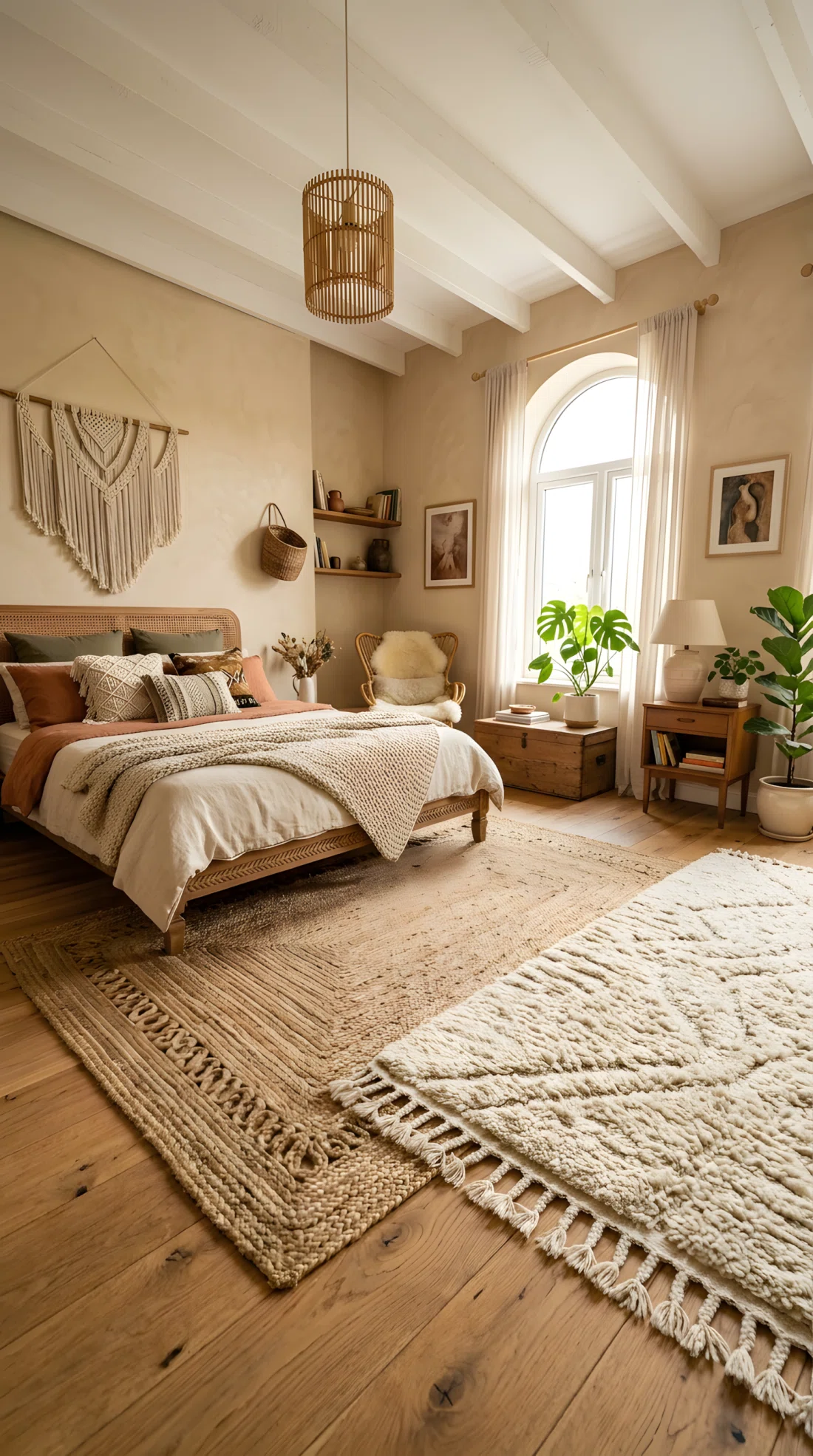 Wide-angle interior photography of a boho-chic bedroom, natural light honey beige walls (RGB 235, 223, 204), a large natural jute rug (RGB 180, 140, 95) layered beneath a plush cream wool rug, dramatic low-angle perspective showing floor textures.