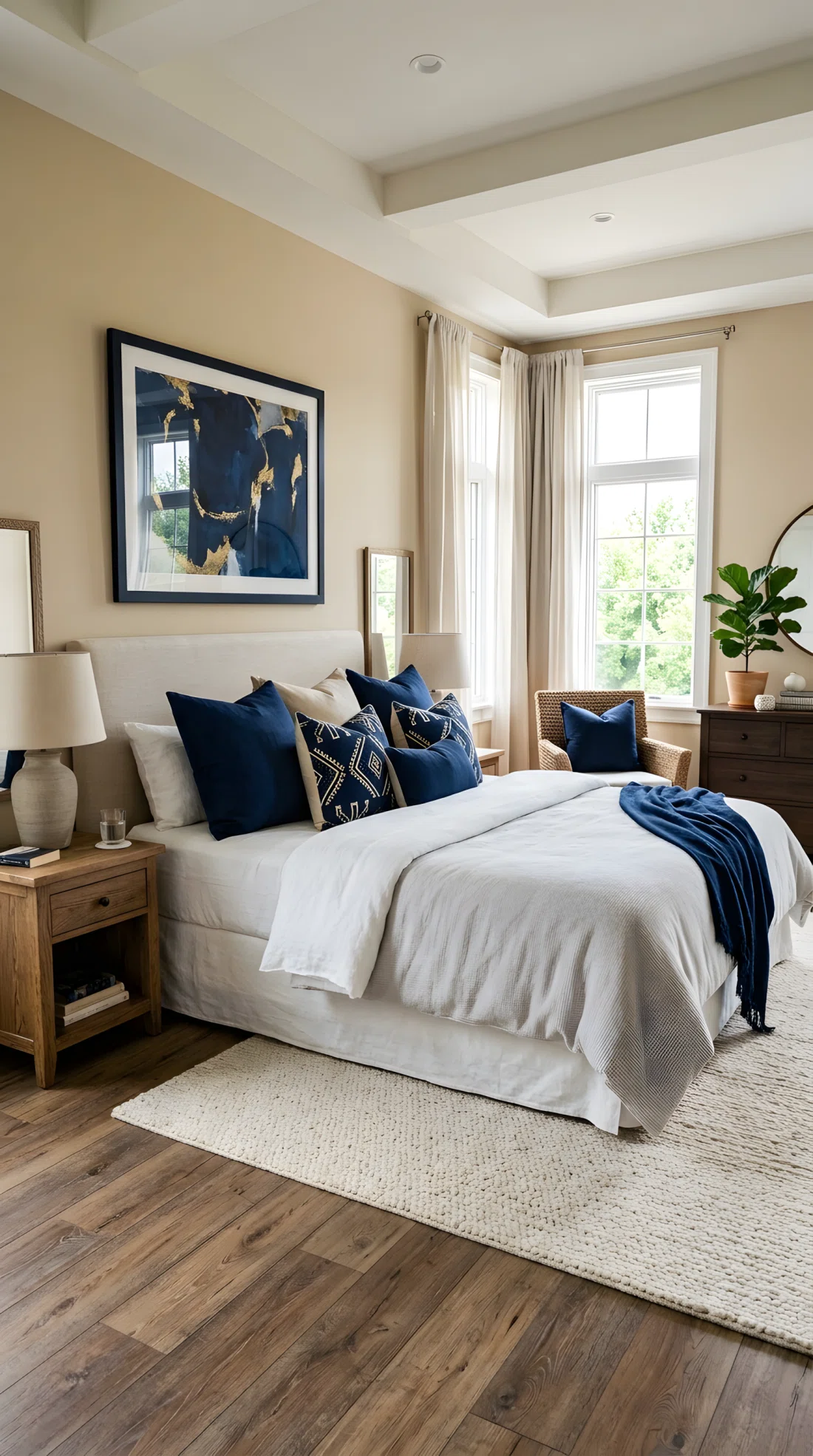 Wide angle photography of a serene bedroom with warm beige walls (RGB 237, 226, 209), featuring rich navy blue accent pillows and artwork (RGB 20, 35, 60), dramatic side perspective, bright natural lighting highlighting deep color contrasts.