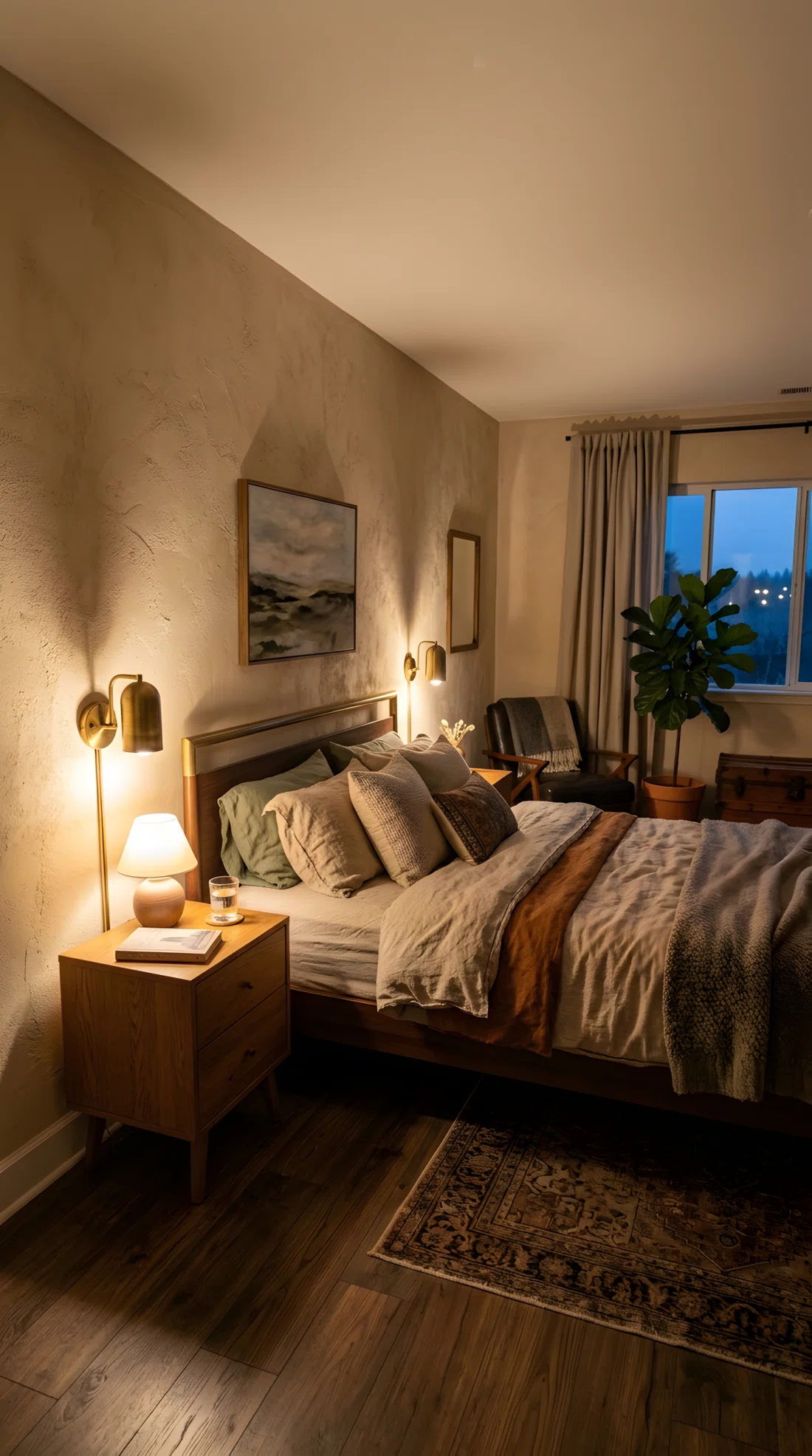 Wide angle interior photography of a bedroom with warm beige textured walls (RGB 231, 218, 200), brass wall sconces mounted low on either side of the bed casting long directional grazing light downwards to reveal rich plaster texture, dramatic side perspective, warm cozy evening glow.