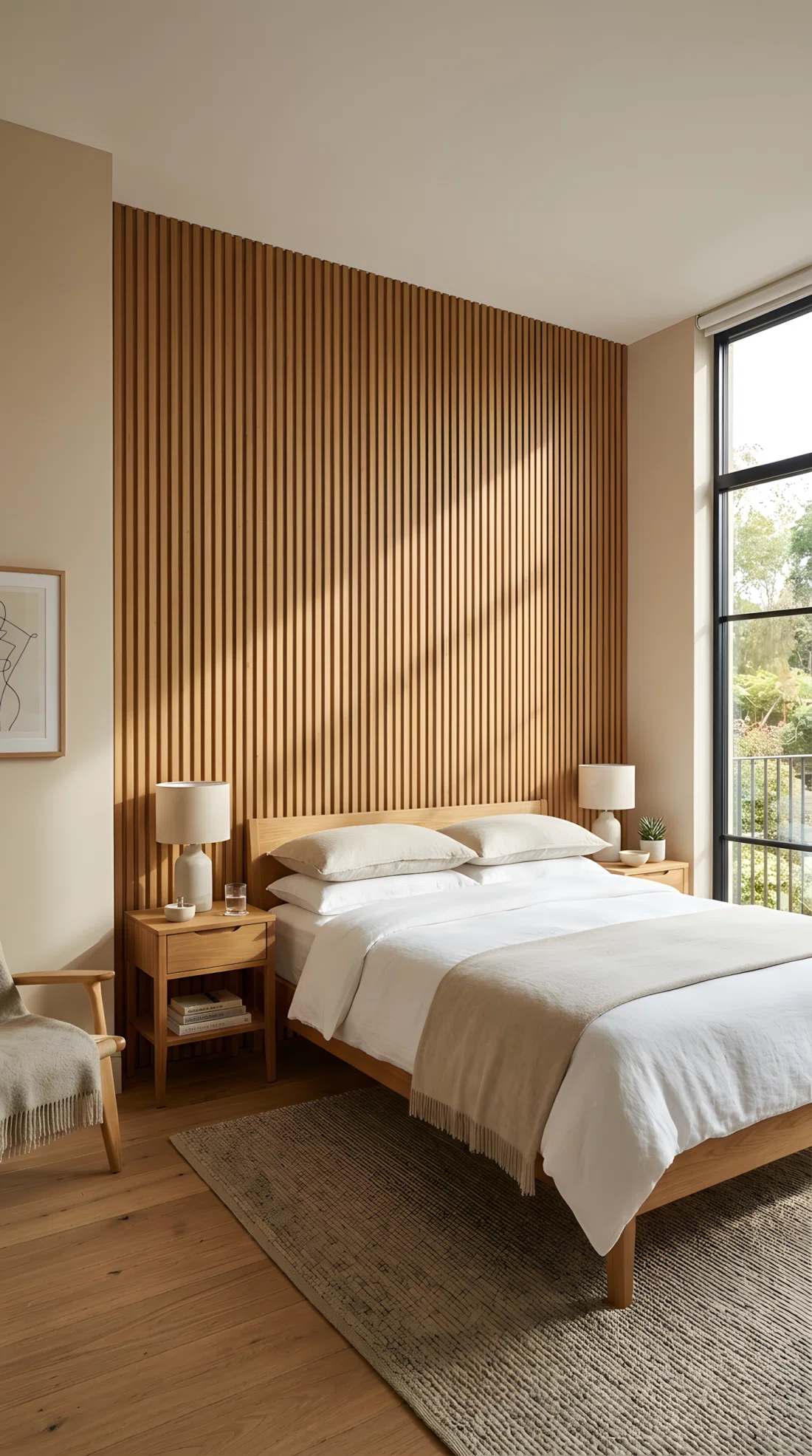 Wide angle architectural photography of an organized master bedroom with fluted oak wood slat paneling behind the bed, set against warm beige walls (RGB 236, 225, 209), neatly made bed with crisp linen sheets, beautifully arranged nightstands, clean design, dramatic corner angle, bright natural light casting linear shadows across the wood texture.
