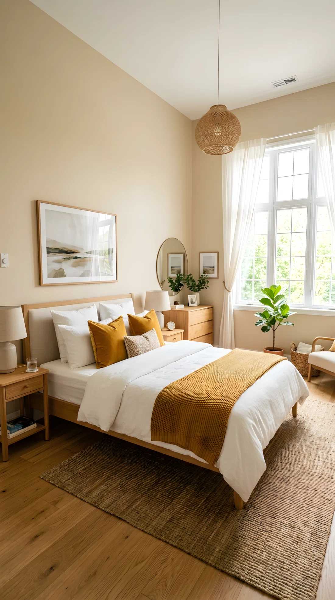Wide angle interior stock photography of a bright bedroom featuring warm beige walls (RGB 234, 222, 204), beautifully arranged bed with ochre yellow throw pillows (RGB 204, 142, 38) and a mustard yellow knit blanket, neatly made, organized and clean, dramatic wide perspective, bright natural light streaming from a large side window.