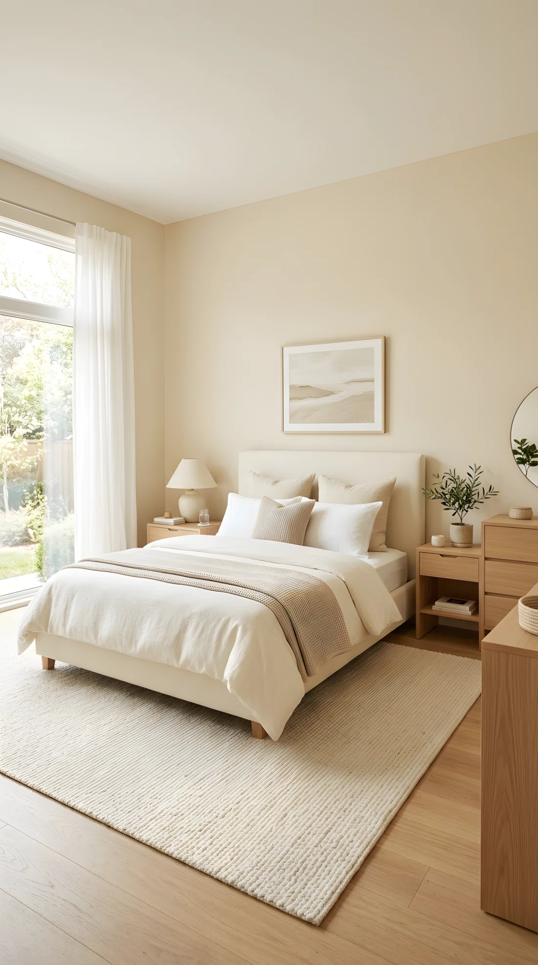 Wide angle interior stock photo of a serene monochromatic bedroom with soft vanilla beige walls (RGB 245, 236, 218), creamy off-white upholstered bed (RGB 248, 244, 233), neatly made bedding, organized layout, clean aesthetic, dramatic perspective, bright natural light filling the room with a warm soft glow.