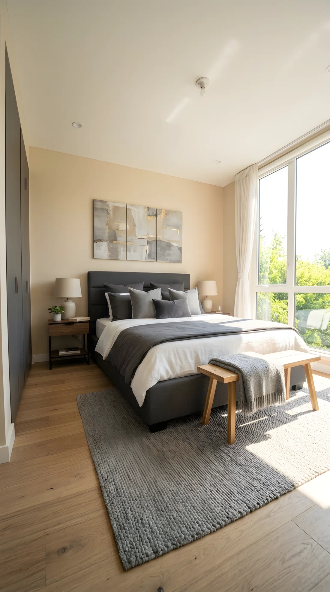 Wide angle photograph of a modern bedroom with warm beige walls (RGB 233, 221, 203) contrasting against a charcoal gray upholstered bed frame (RGB 55, 60, 65) and gray throw pillows, neatly made bed, beautifully arranged, clean and organized, dramatic low-angle perspective, bright natural sunlight streaming across the room.